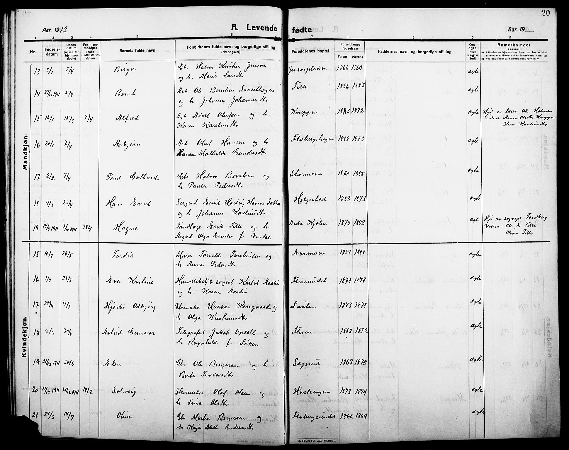 Åsnes prestekontor, AV/SAH-PREST-042/H/Ha/Hab/L0007: Parish register (copy) no. 7, 1909-1926, p. 20