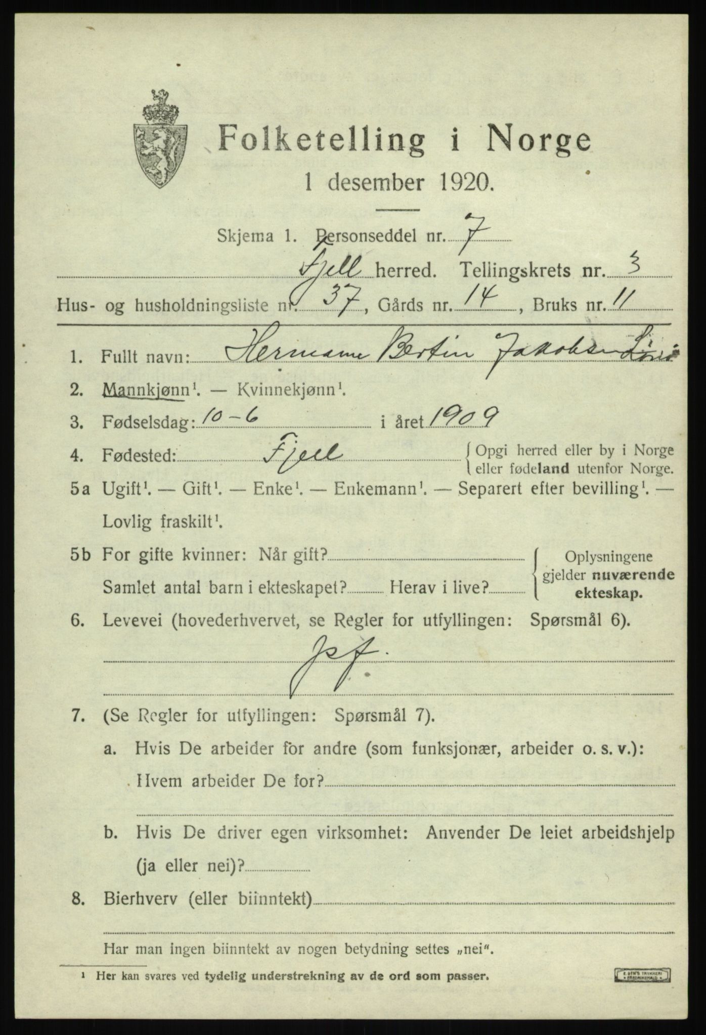 SAB, 1920 census for Fjell, 1920, p. 3444