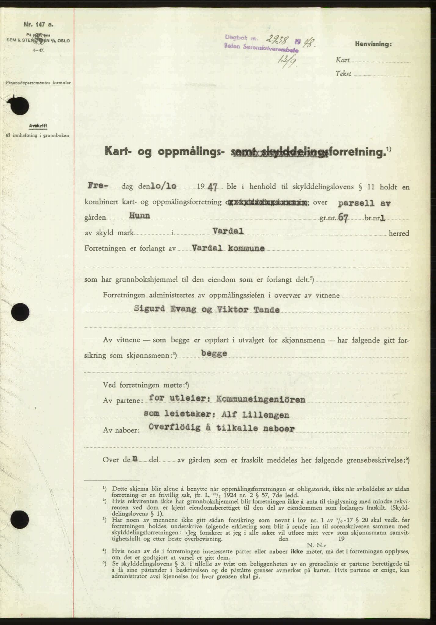 Toten tingrett, SAH/TING-006/H/Hb/Hbc/L0020: Mortgage book no. Hbc-20, 1948-1948, Diary no: : 2938/1948
