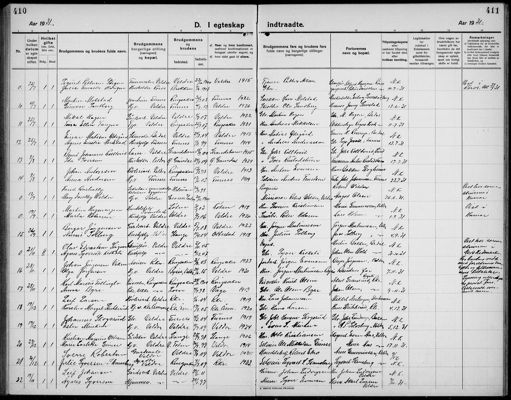 Veldre prestekontor, AV/SAH-PREST-018/L/La/L0001: Parish register (copy) no. 1, 1921-1934, p. 410-411
