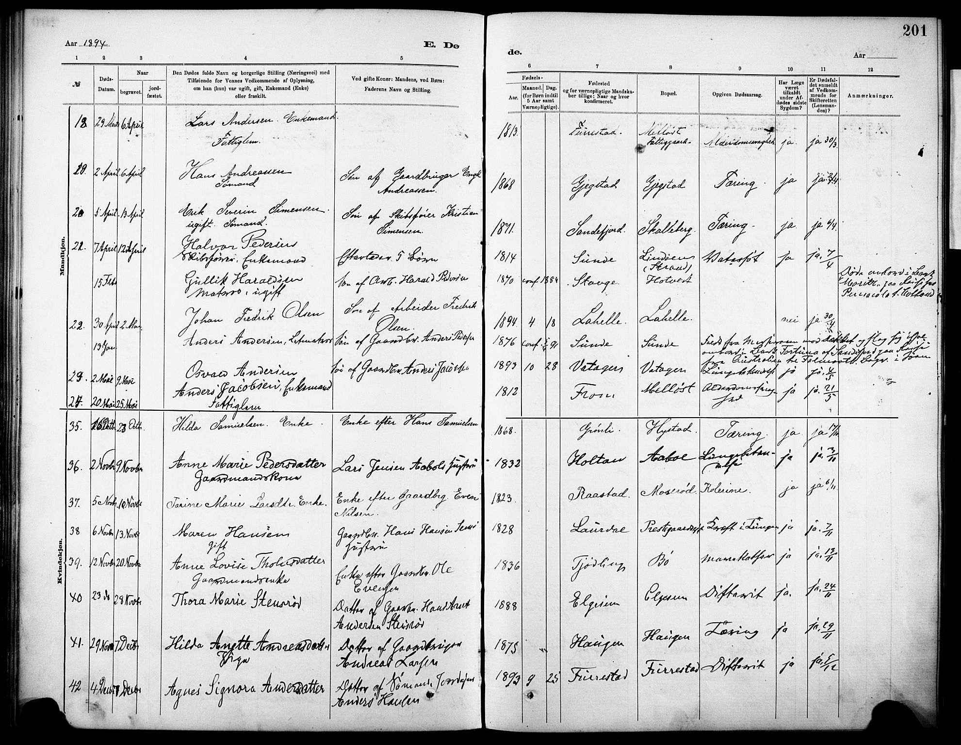 Sandar kirkebøker, AV/SAKO-A-243/F/Fa/L0013: Parish register (official) no. 13, 1883-1895, p. 201