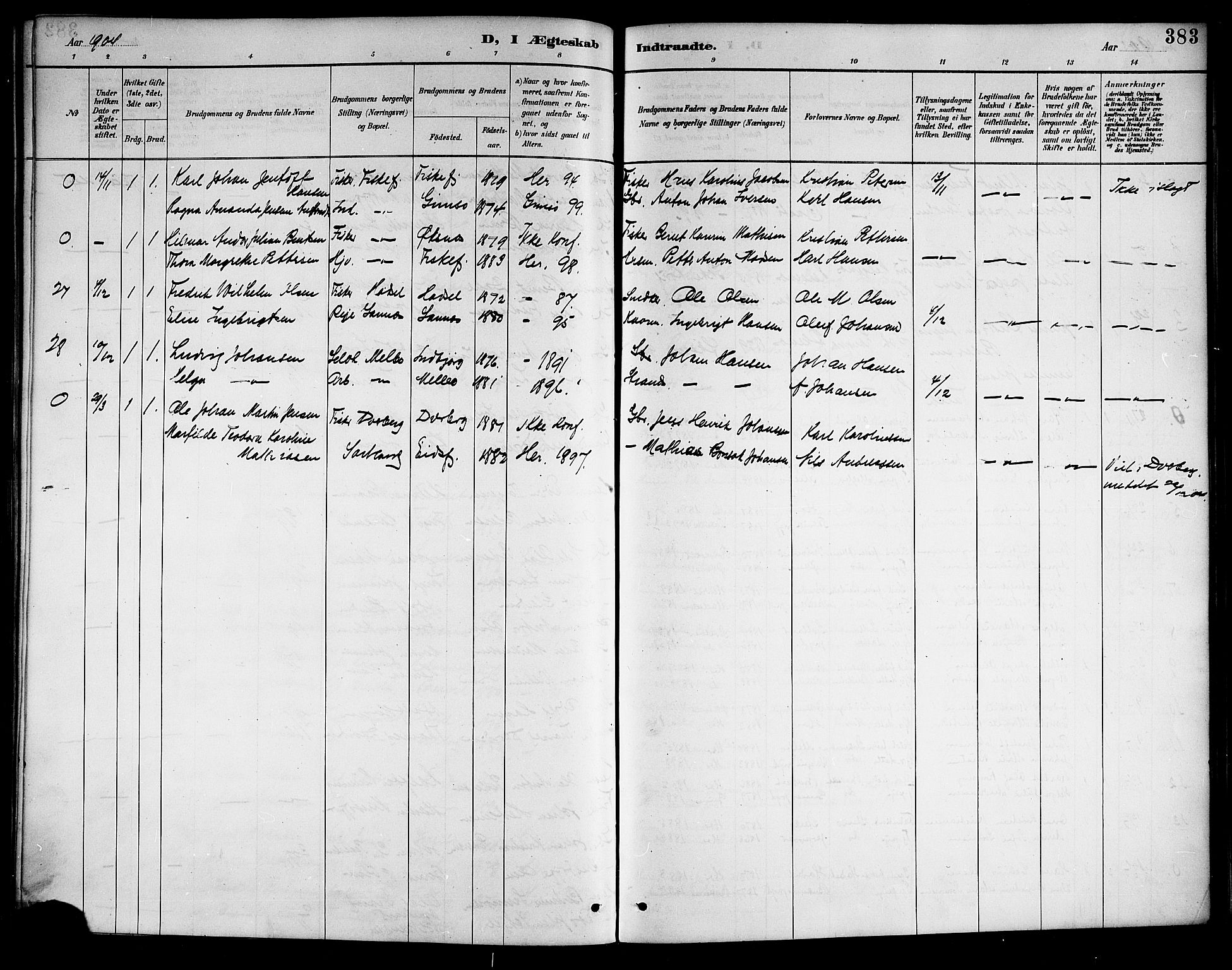 Ministerialprotokoller, klokkerbøker og fødselsregistre - Nordland, AV/SAT-A-1459/888/L1268: Parish register (copy) no. 888C06, 1891-1908, p. 383