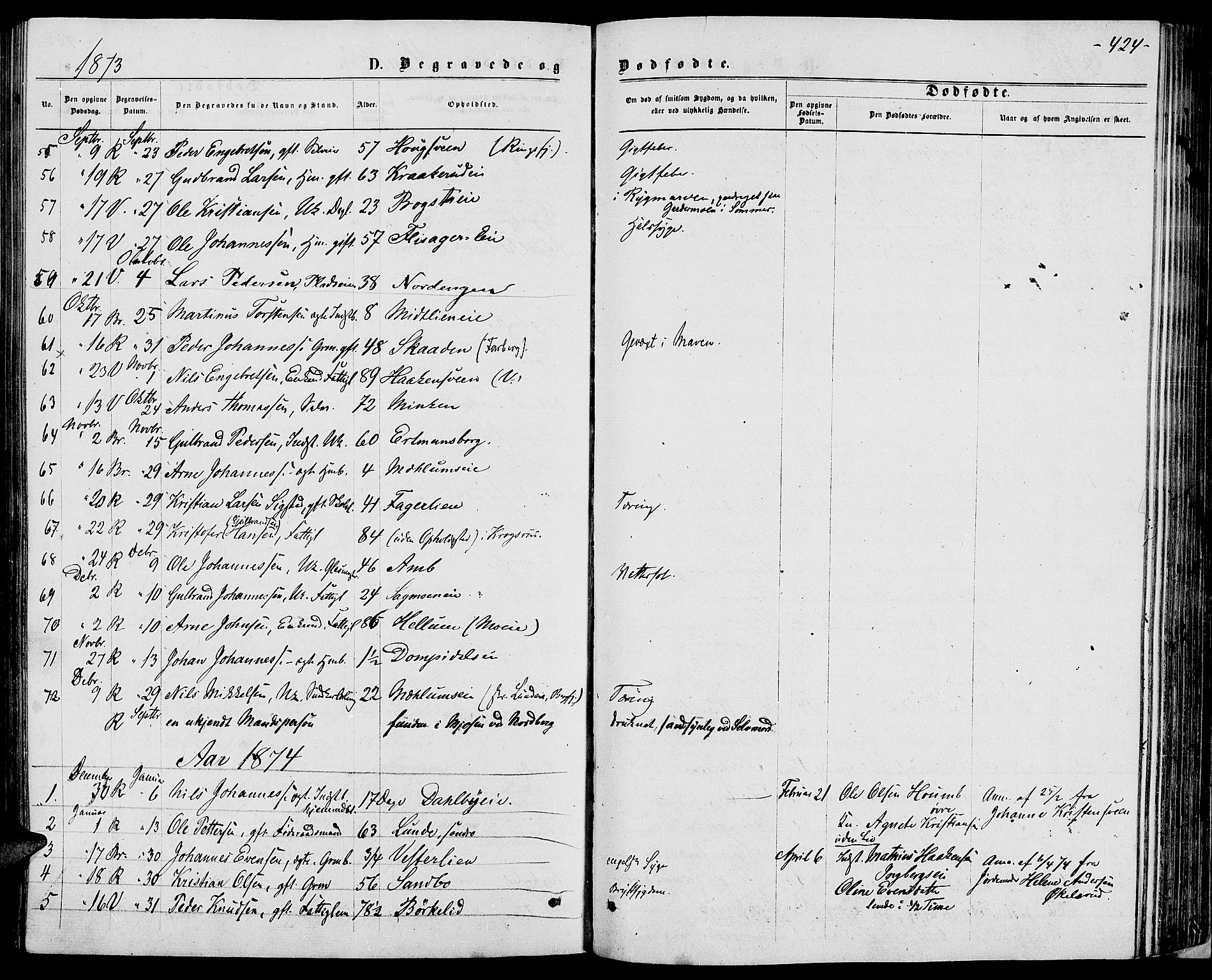 Ringsaker prestekontor, AV/SAH-PREST-014/L/La/L0008: Parish register (copy) no. 8, 1870-1878, p. 424