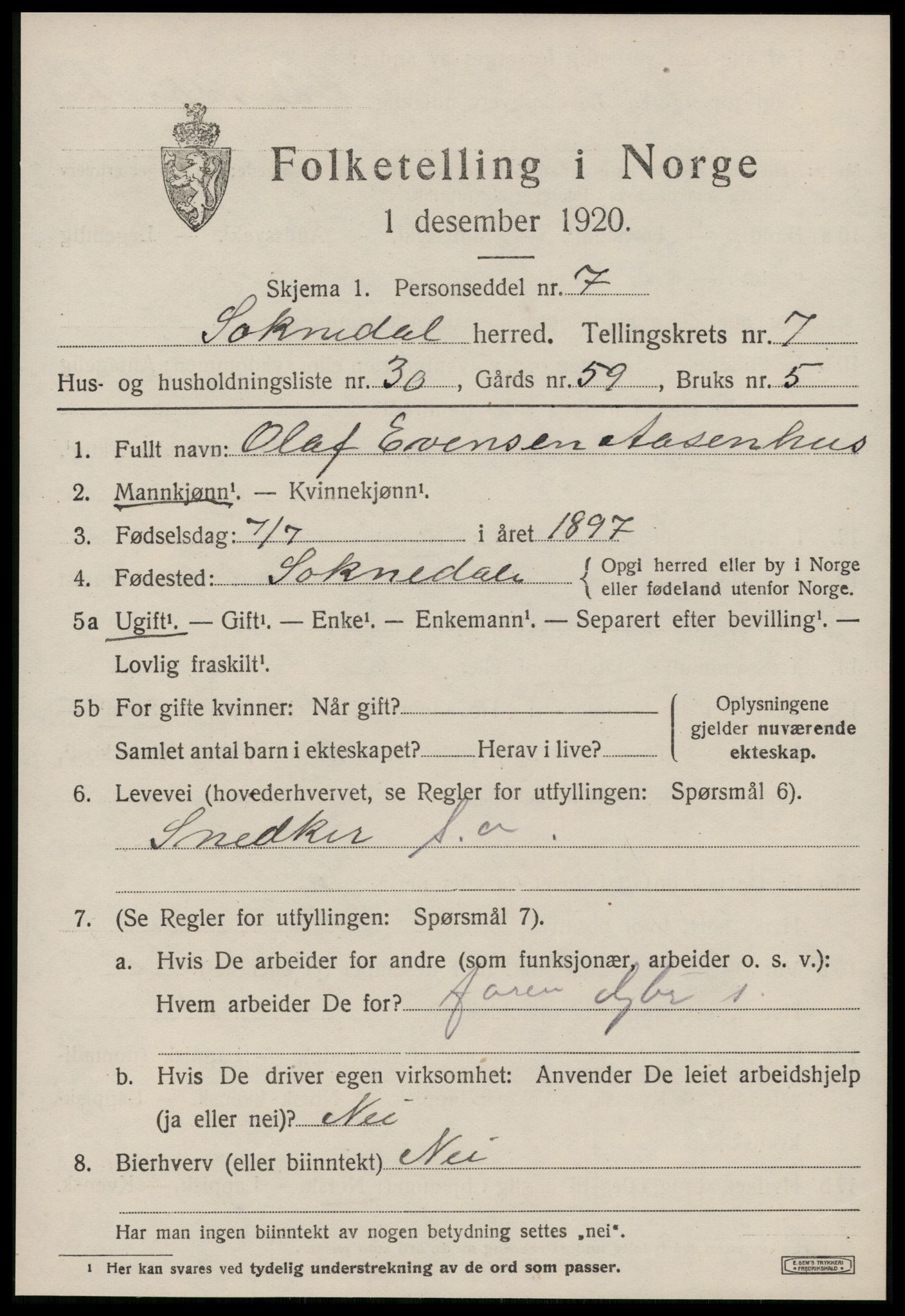 SAT, 1920 census for Soknedal, 1920, p. 3736