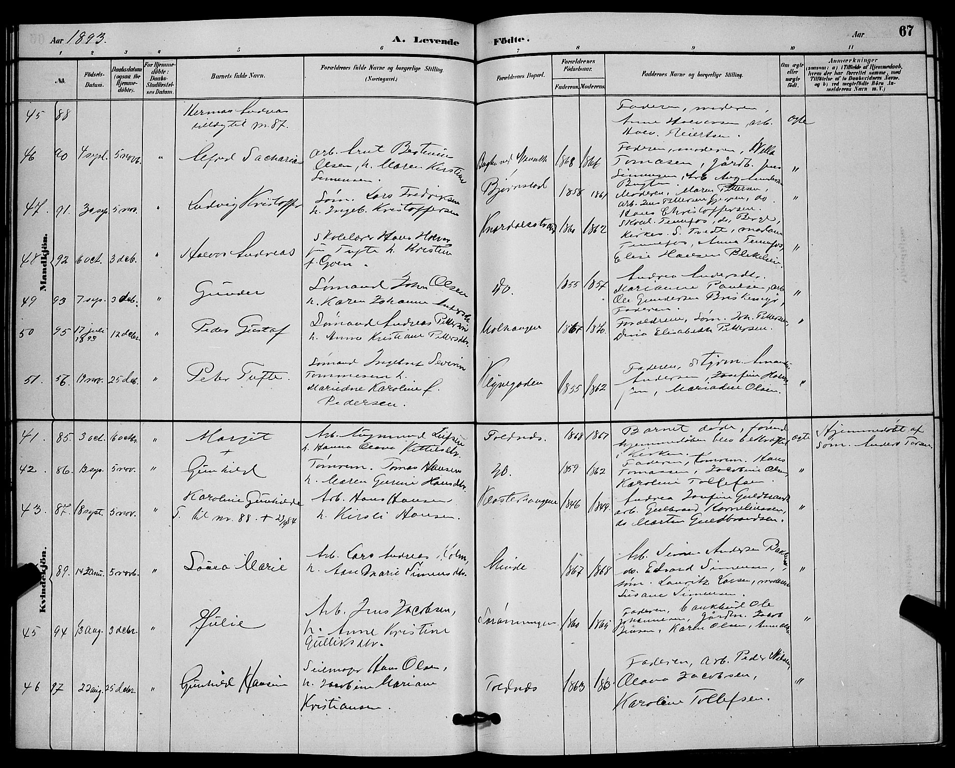 Solum kirkebøker, SAKO/A-306/G/Ga/L0007: Parish register (copy) no. I 7, 1884-1898, p. 67