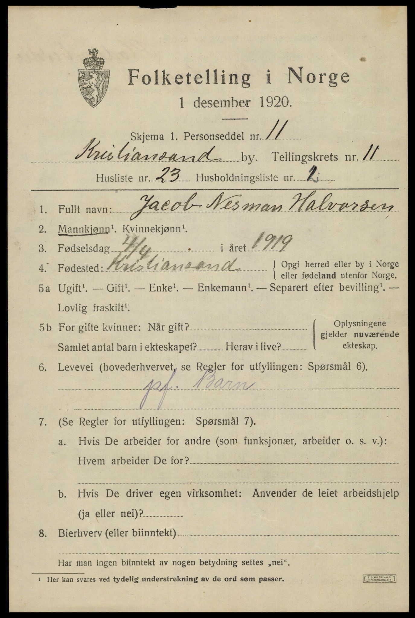 SAK, 1920 census for Kristiansand, 1920, p. 25053