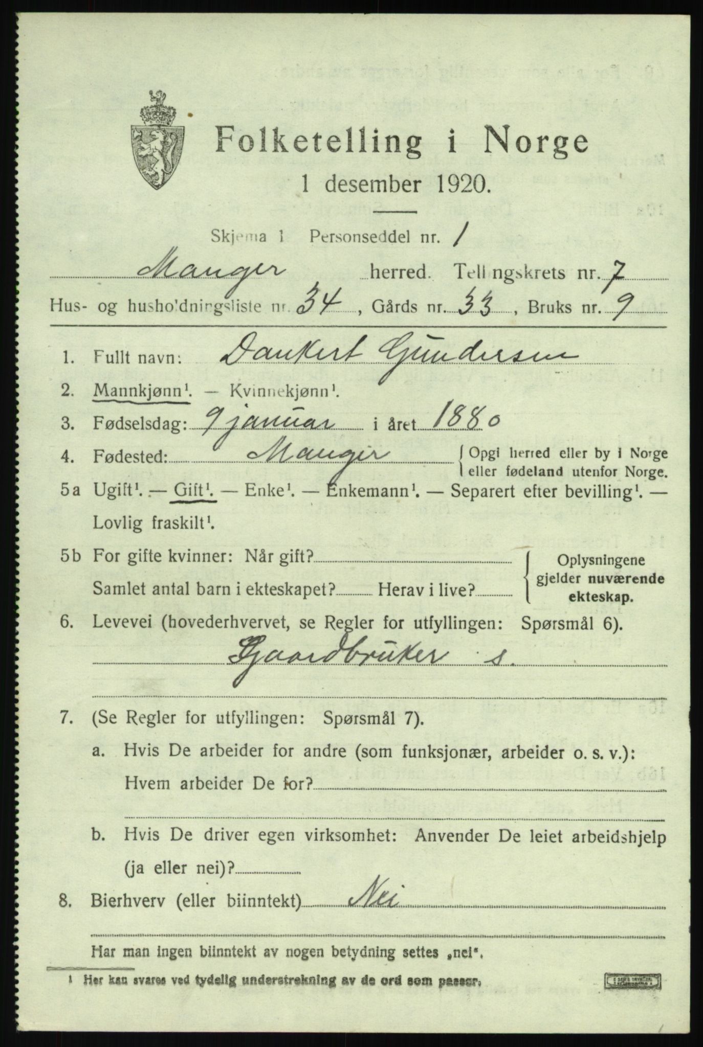 SAB, 1920 census for Manger, 1920, p. 4767