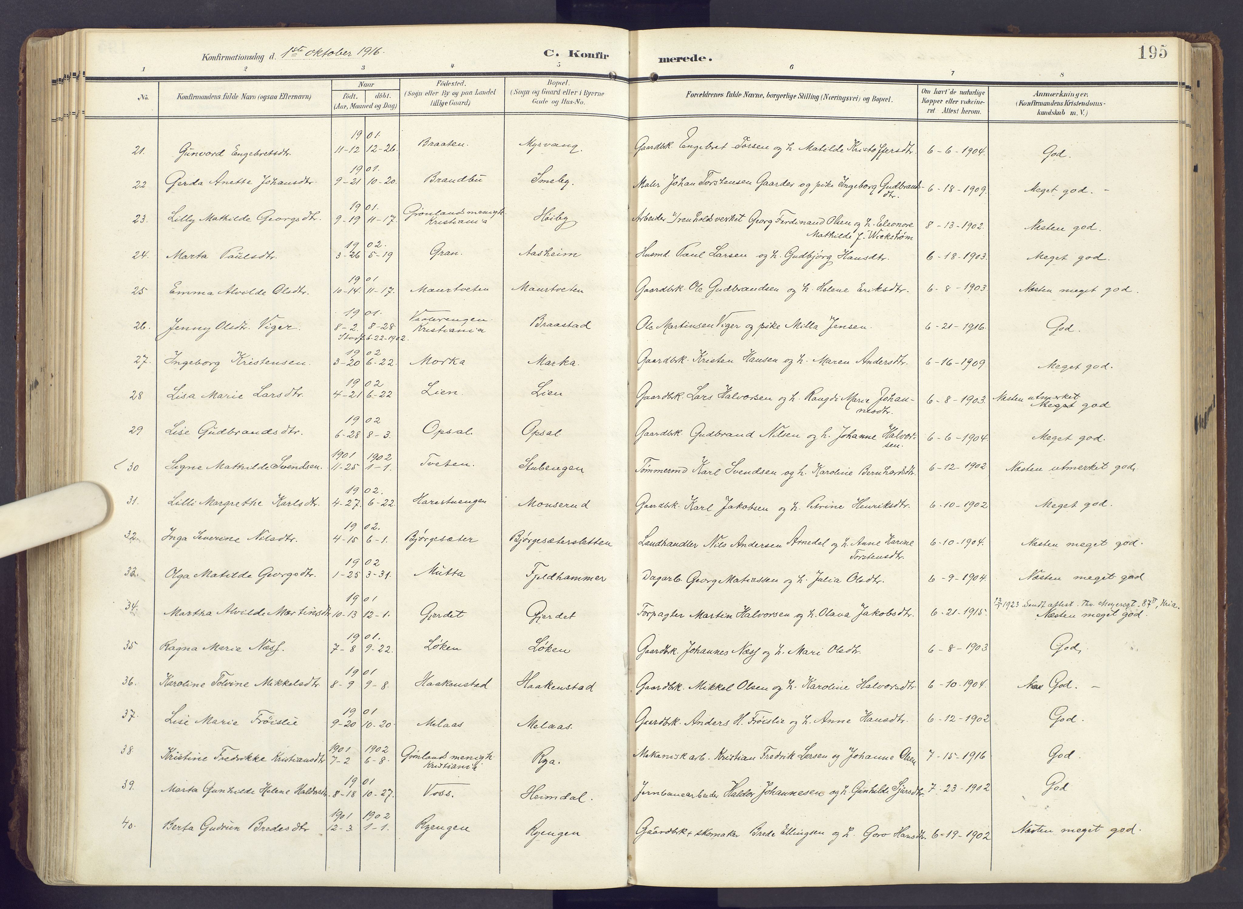 Lunner prestekontor, SAH/PREST-118/H/Ha/Haa/L0001: Parish register (official) no. 1, 1907-1922, p. 195