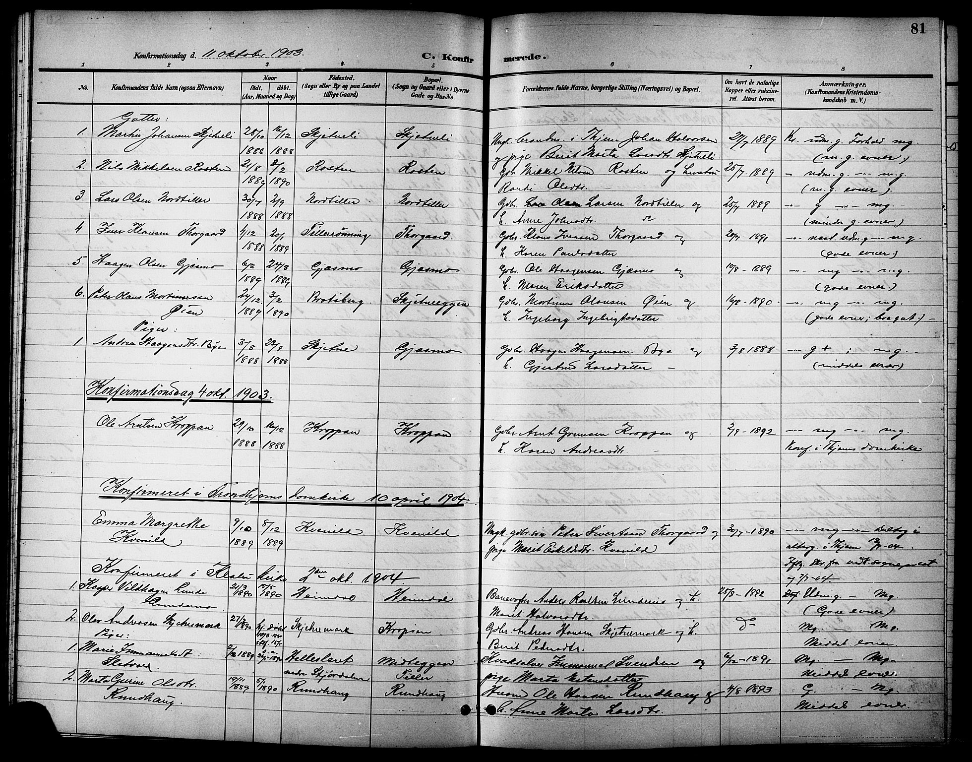 Ministerialprotokoller, klokkerbøker og fødselsregistre - Sør-Trøndelag, AV/SAT-A-1456/621/L0460: Parish register (copy) no. 621C03, 1896-1914, p. 81