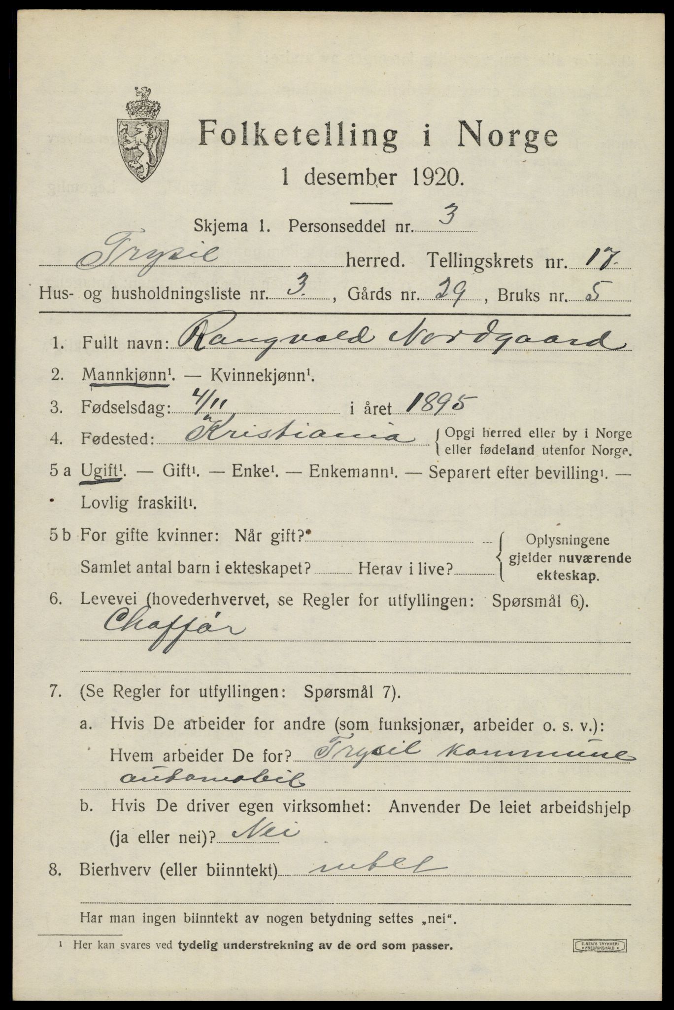 SAH, 1920 census for Trysil, 1920, p. 10205