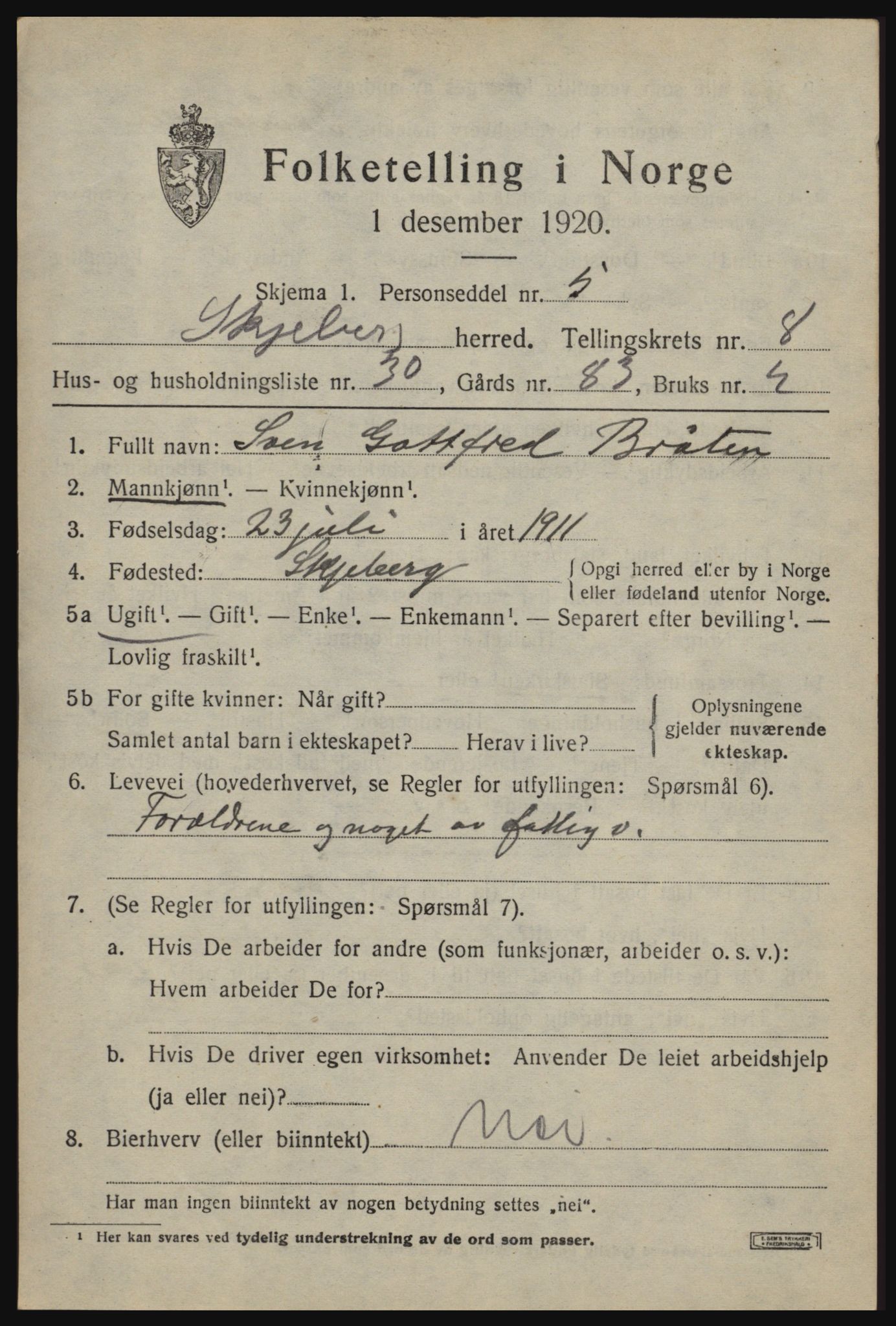 SAO, 1920 census for Skjeberg, 1920, p. 8221
