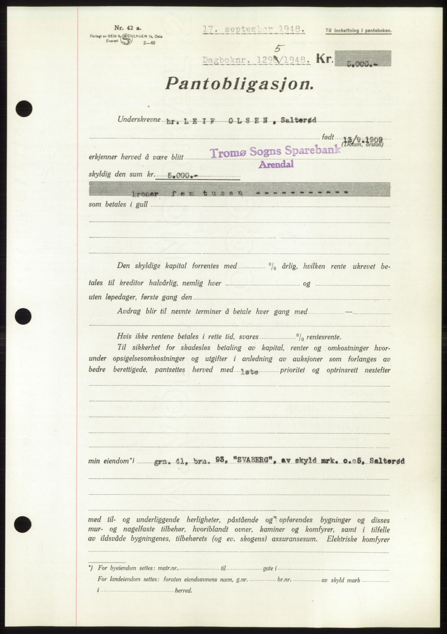 Nedenes sorenskriveri, AV/SAK-1221-0006/G/Gb/Gbb/L0005: Mortgage book no. B5, 1948-1948, Diary no: : 1295/1948