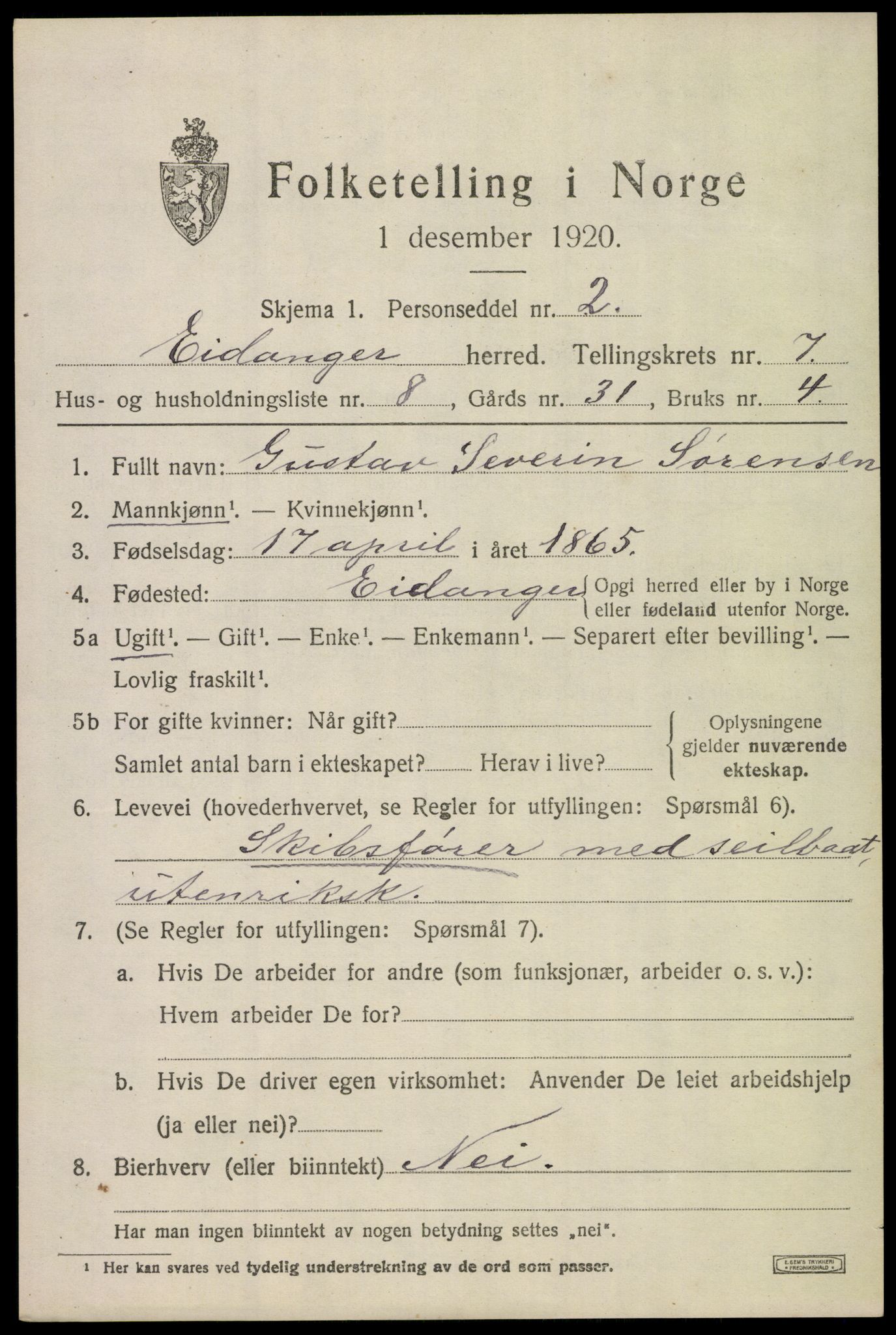 SAKO, 1920 census for Eidanger, 1920, p. 5310