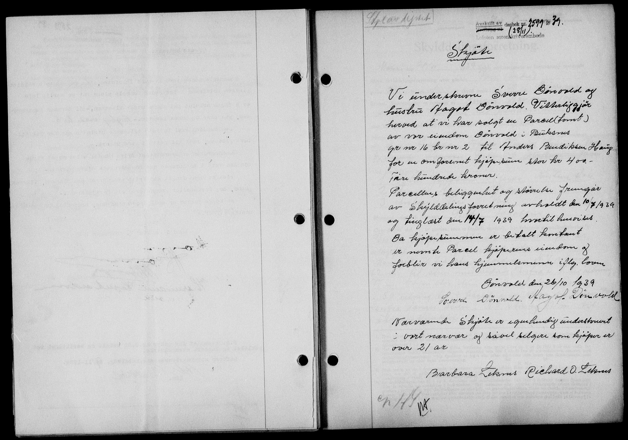 Lofoten sorenskriveri, SAT/A-0017/1/2/2C/L0006a: Mortgage book no. 6a, 1939-1939, Diary no: : 2599/1939