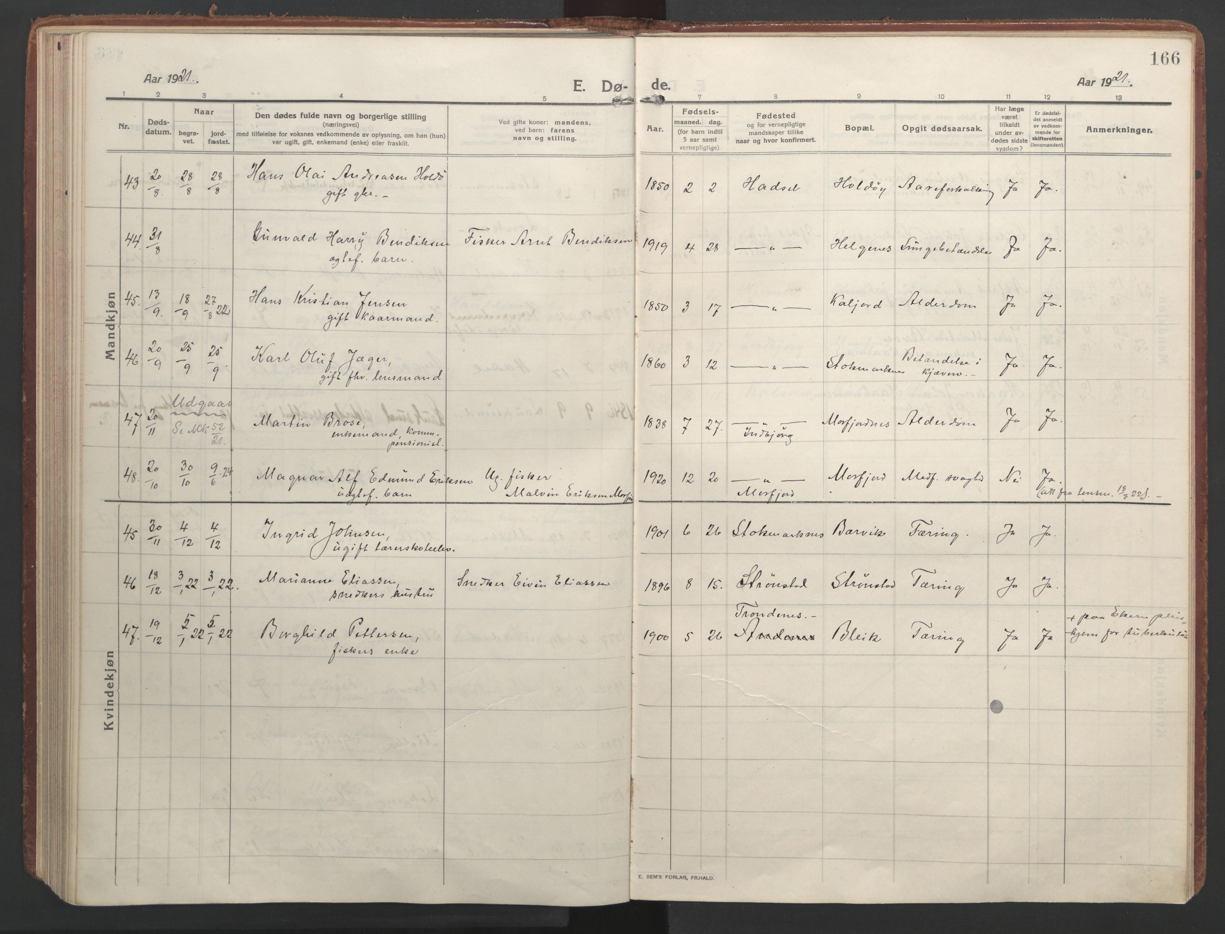 Ministerialprotokoller, klokkerbøker og fødselsregistre - Nordland, AV/SAT-A-1459/888/L1251: Parish register (official) no. 888A17, 1913-1925, p. 166