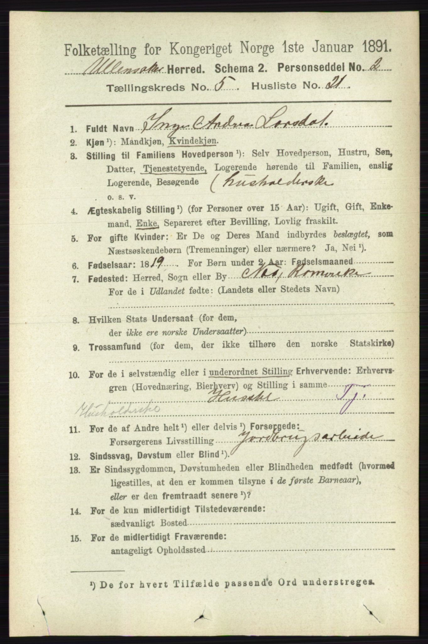 RA, 1891 census for 0235 Ullensaker, 1891, p. 2211