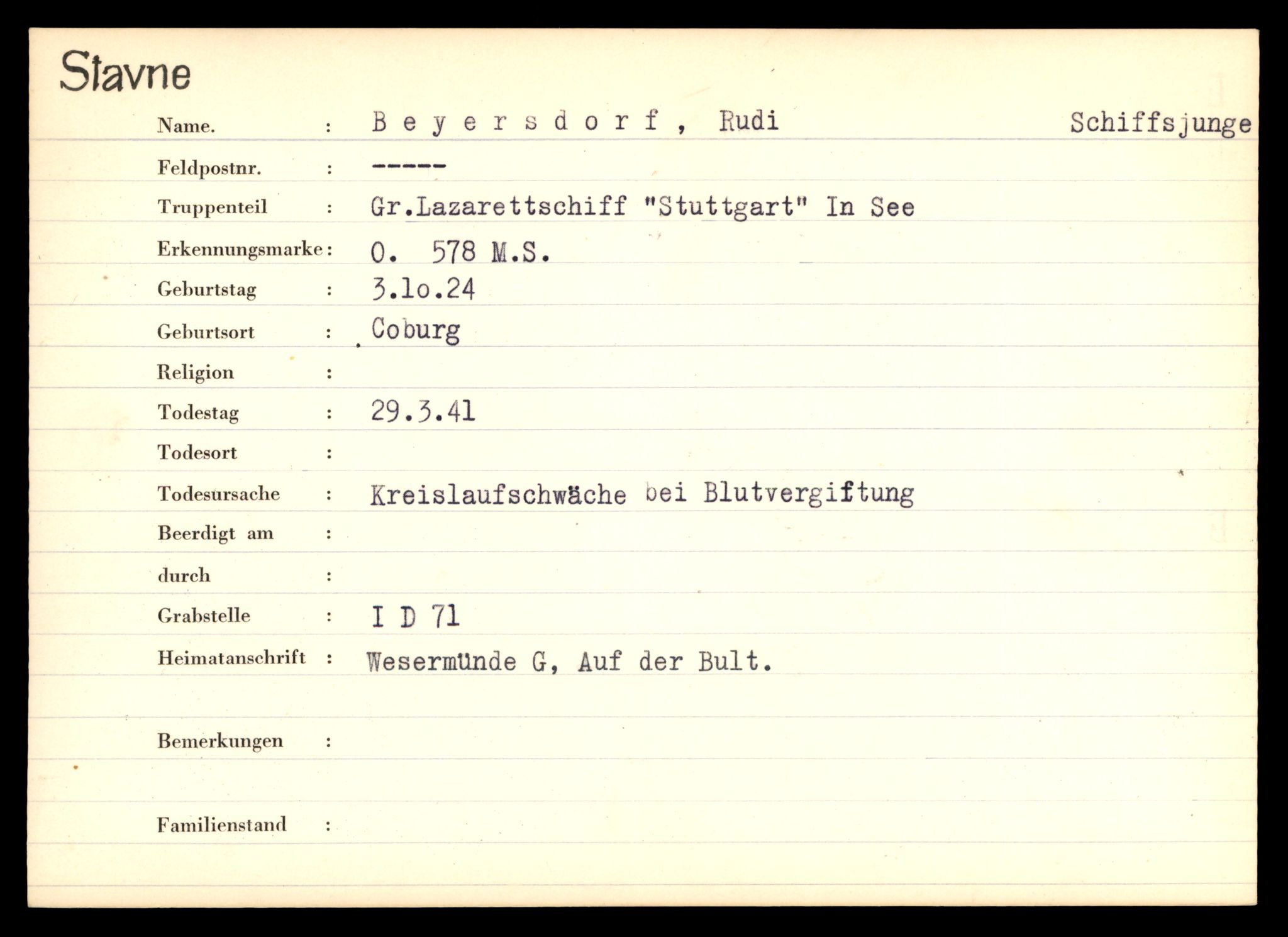 Distriktskontoret for krigsgraver, AV/SAT-A-5030/E/L0003: Kasett/kartotek over tysk Krigskirkegård Stavne, 1945, p. 87