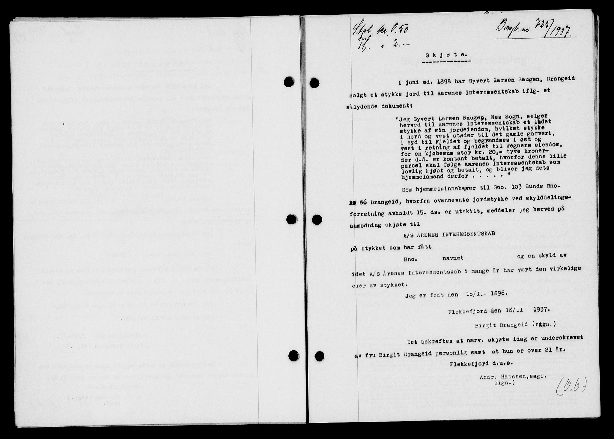 Flekkefjord sorenskriveri, SAK/1221-0001/G/Gb/Gba/L0054: Mortgage book no. A-2, 1937-1938, Diary no: : 725/1937