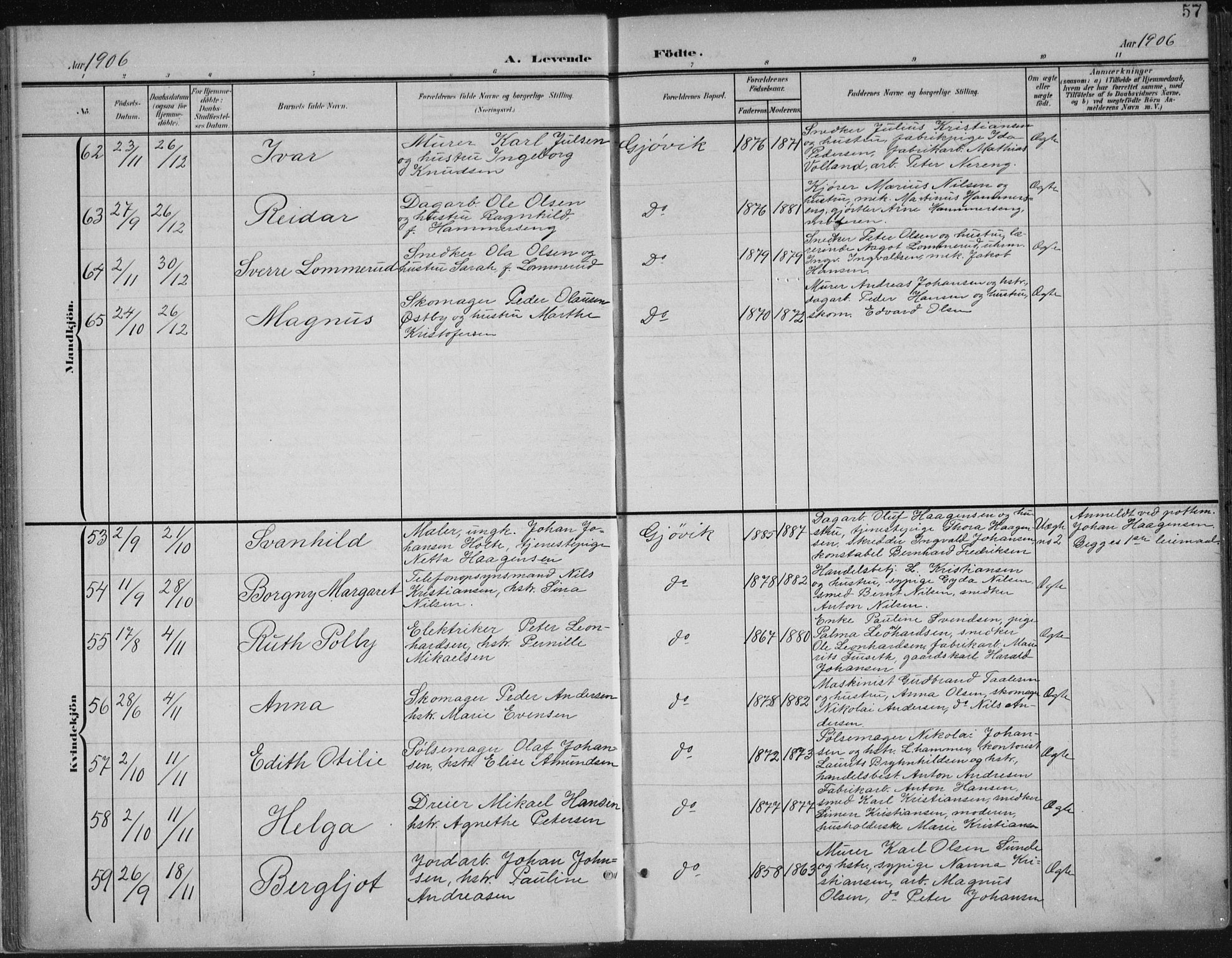 Vardal prestekontor, SAH/PREST-100/H/Ha/Haa/L0013: Parish register (official) no. 13, 1901-1911, p. 57