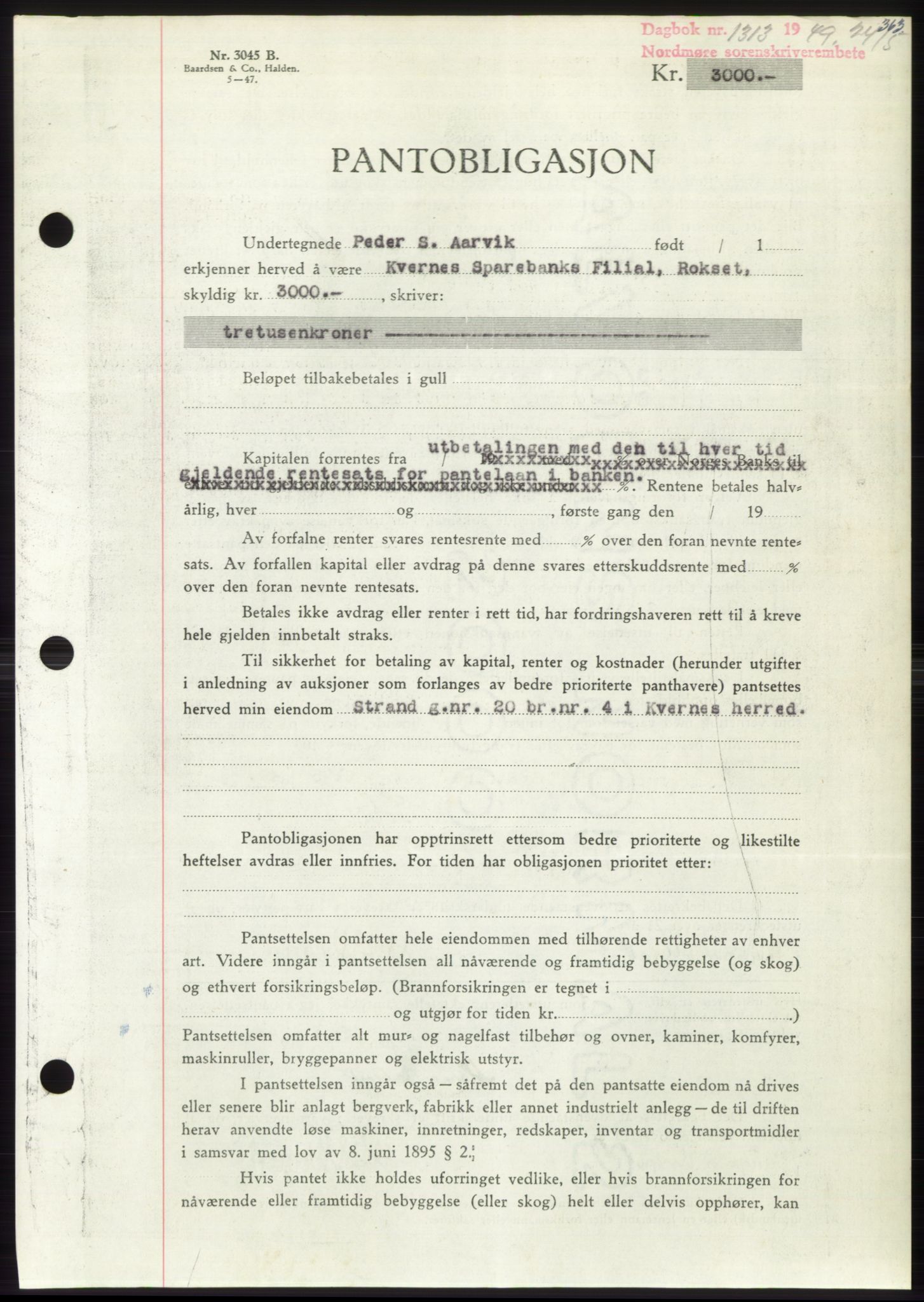 Nordmøre sorenskriveri, AV/SAT-A-4132/1/2/2Ca: Mortgage book no. B101, 1949-1949, Diary no: : 1313/1949