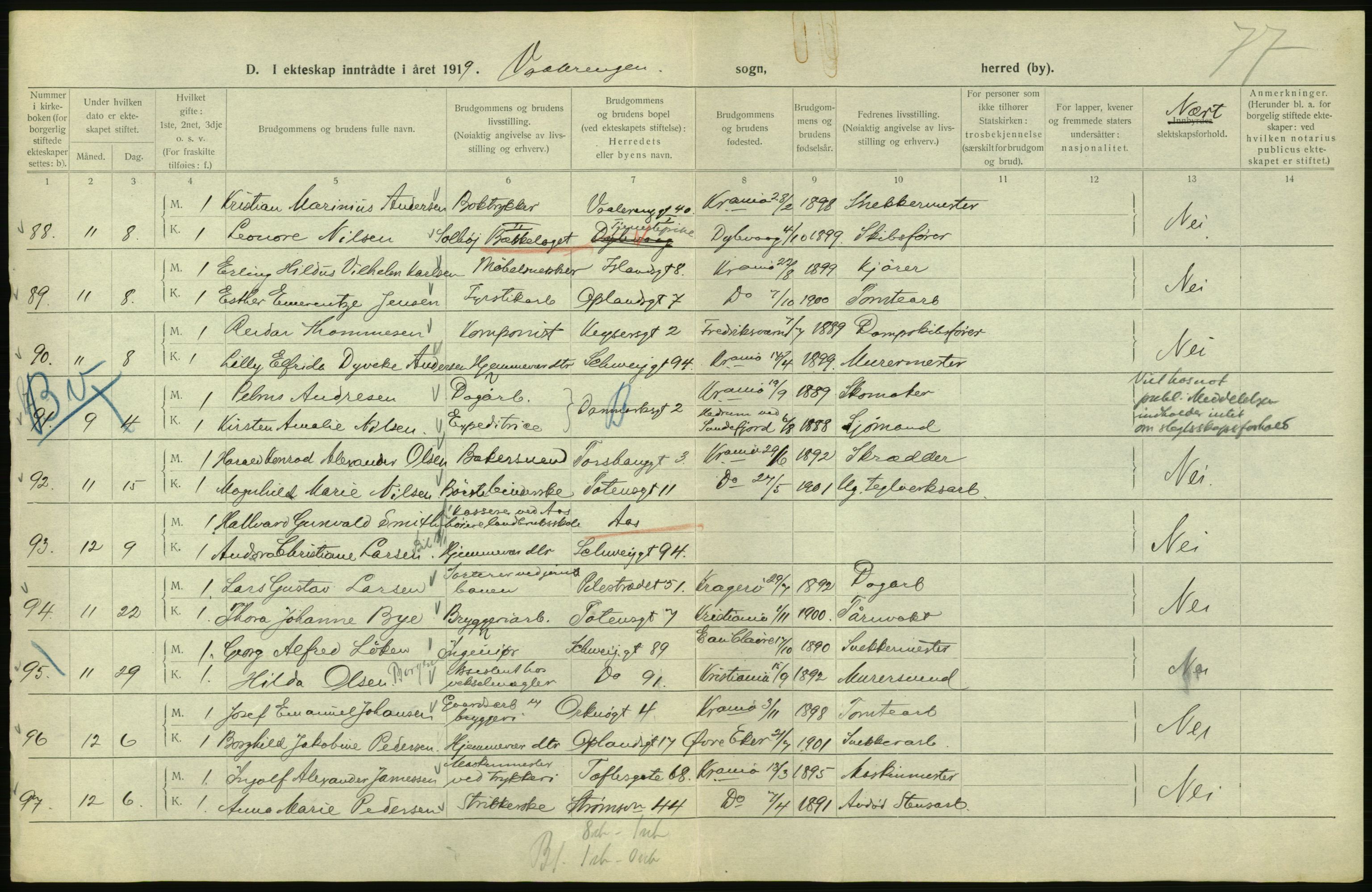 Statistisk sentralbyrå, Sosiodemografiske emner, Befolkning, AV/RA-S-2228/D/Df/Dfb/Dfbi/L0009: Kristiania: Gifte, 1919, p. 822