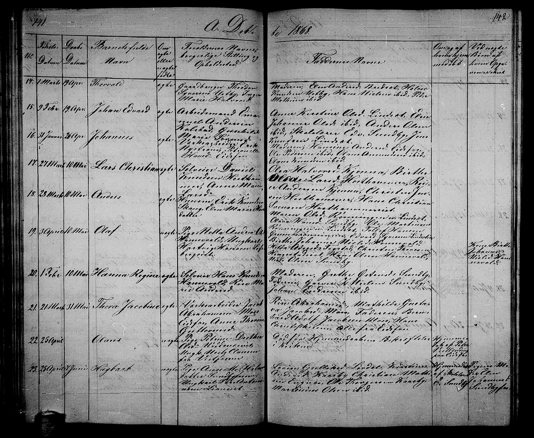 Hof kirkebøker, AV/SAKO-A-64/G/Ga/L0002: Parish register (copy) no. I 2, 1859-1873, p. 141-142