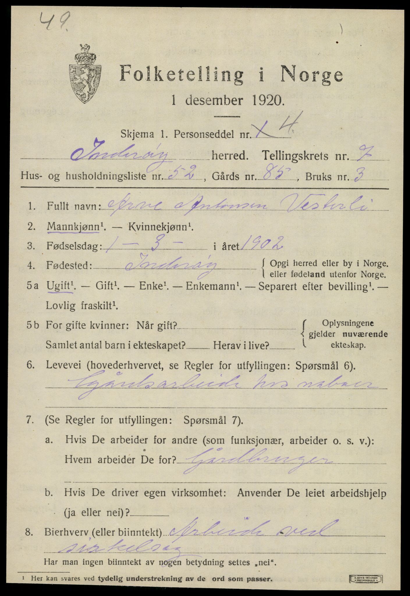 SAT, 1920 census for Inderøy, 1920, p. 5597