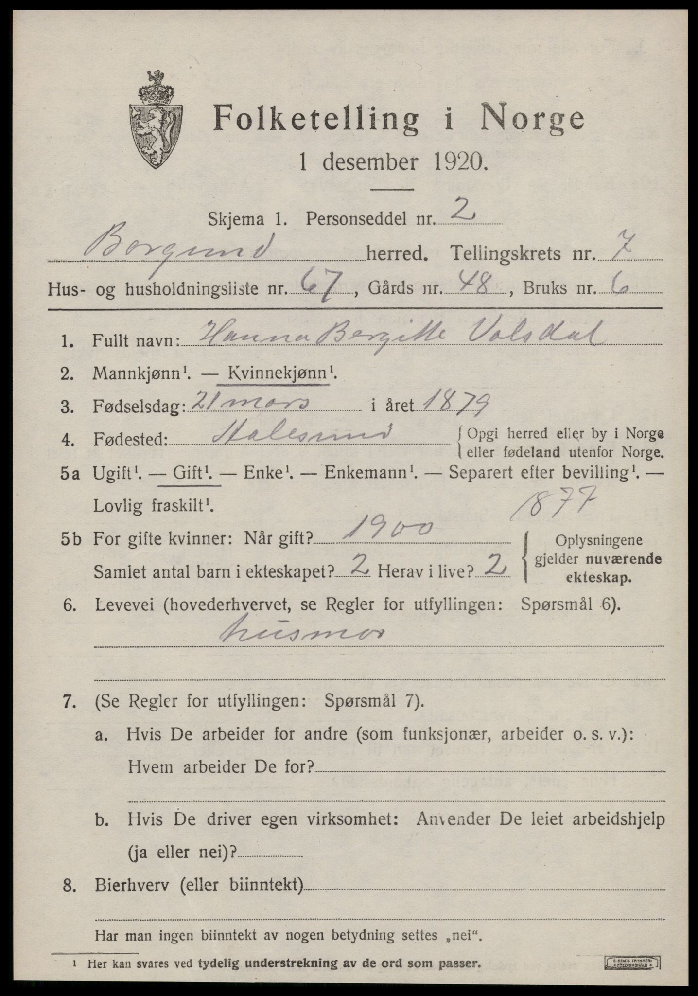 SAT, 1920 census for Borgund, 1920, p. 6970