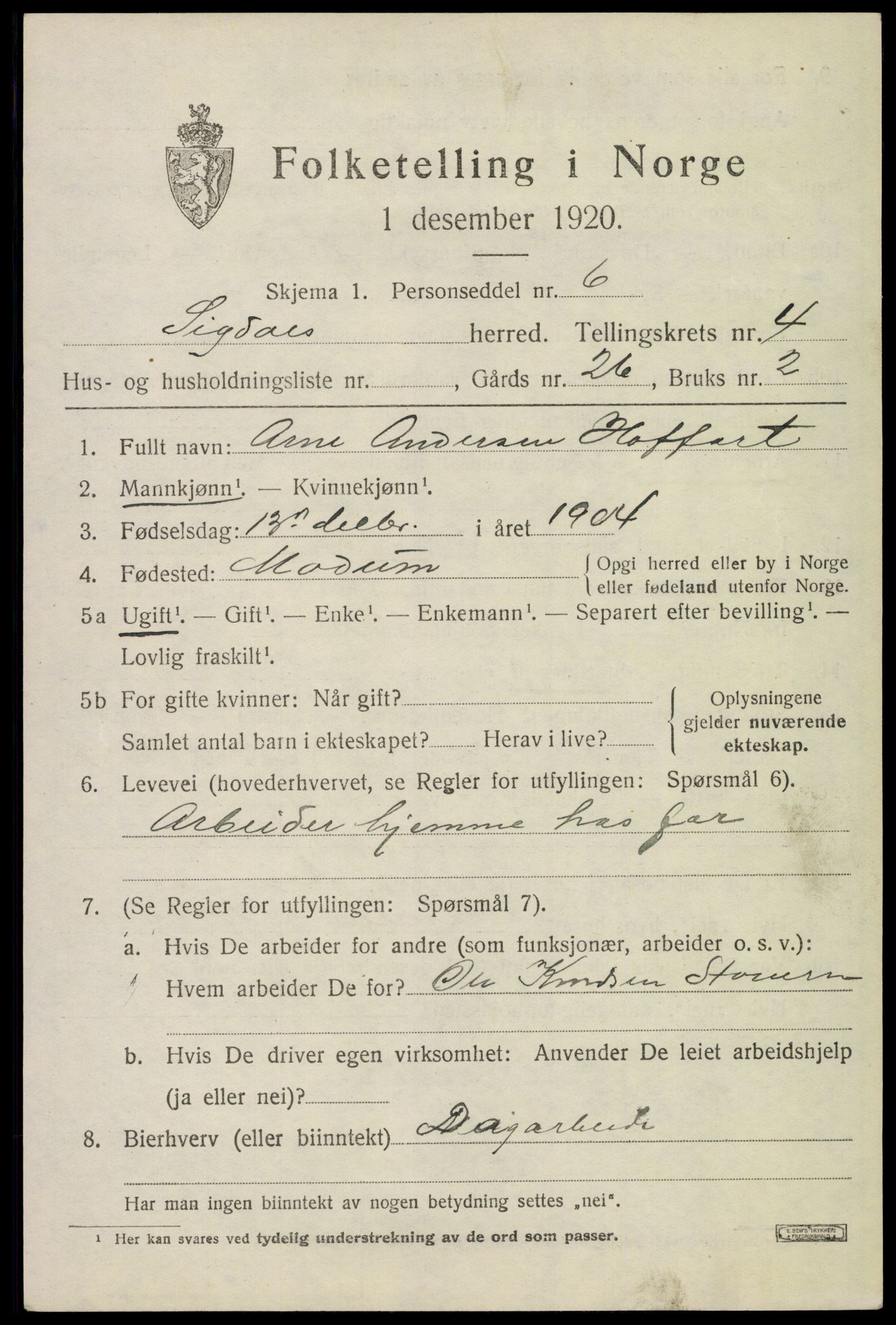 SAKO, 1920 census for Sigdal, 1920, p. 3428