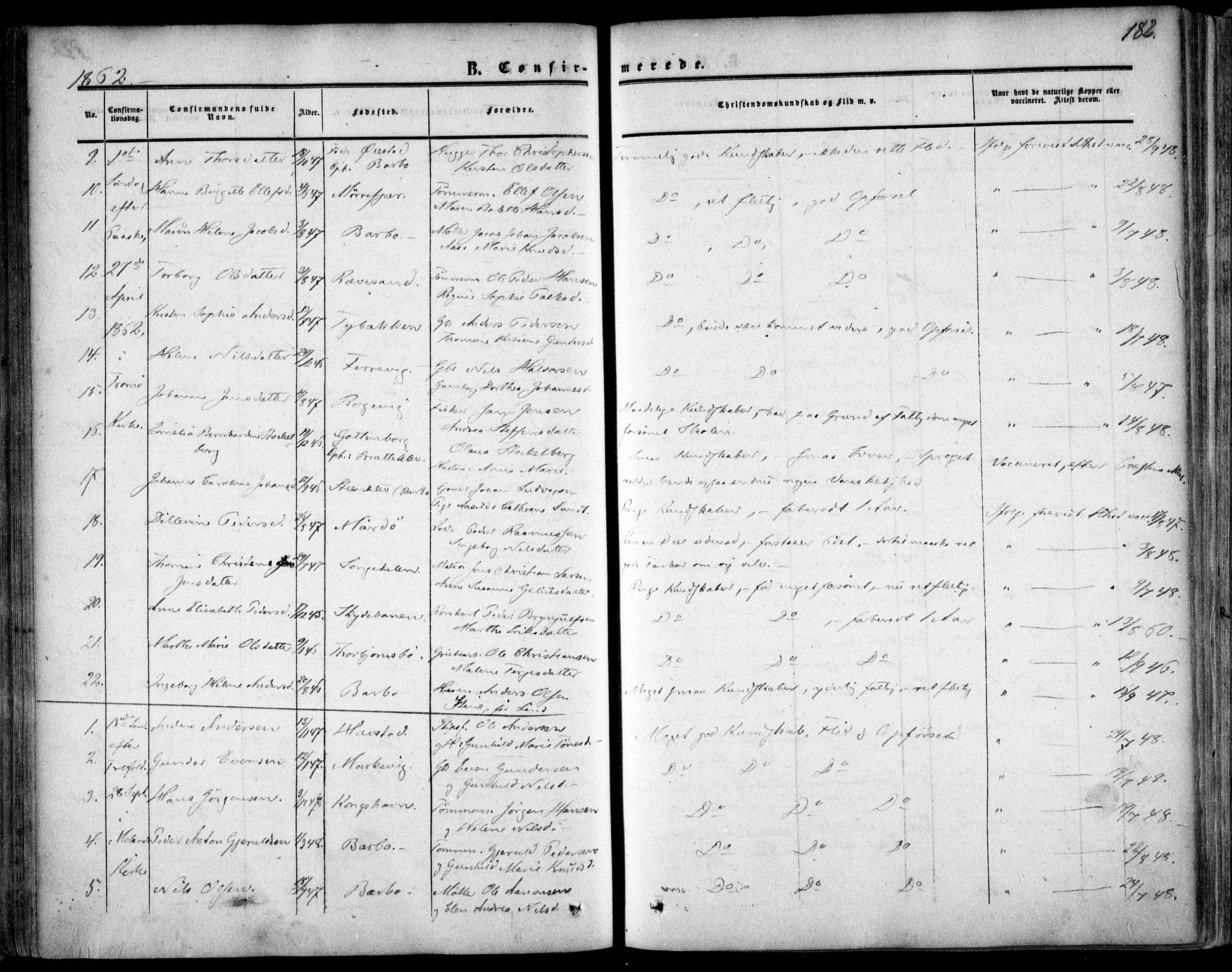 Tromøy sokneprestkontor, AV/SAK-1111-0041/F/Fa/L0006: Parish register (official) no. A 6, 1855-1863, p. 182