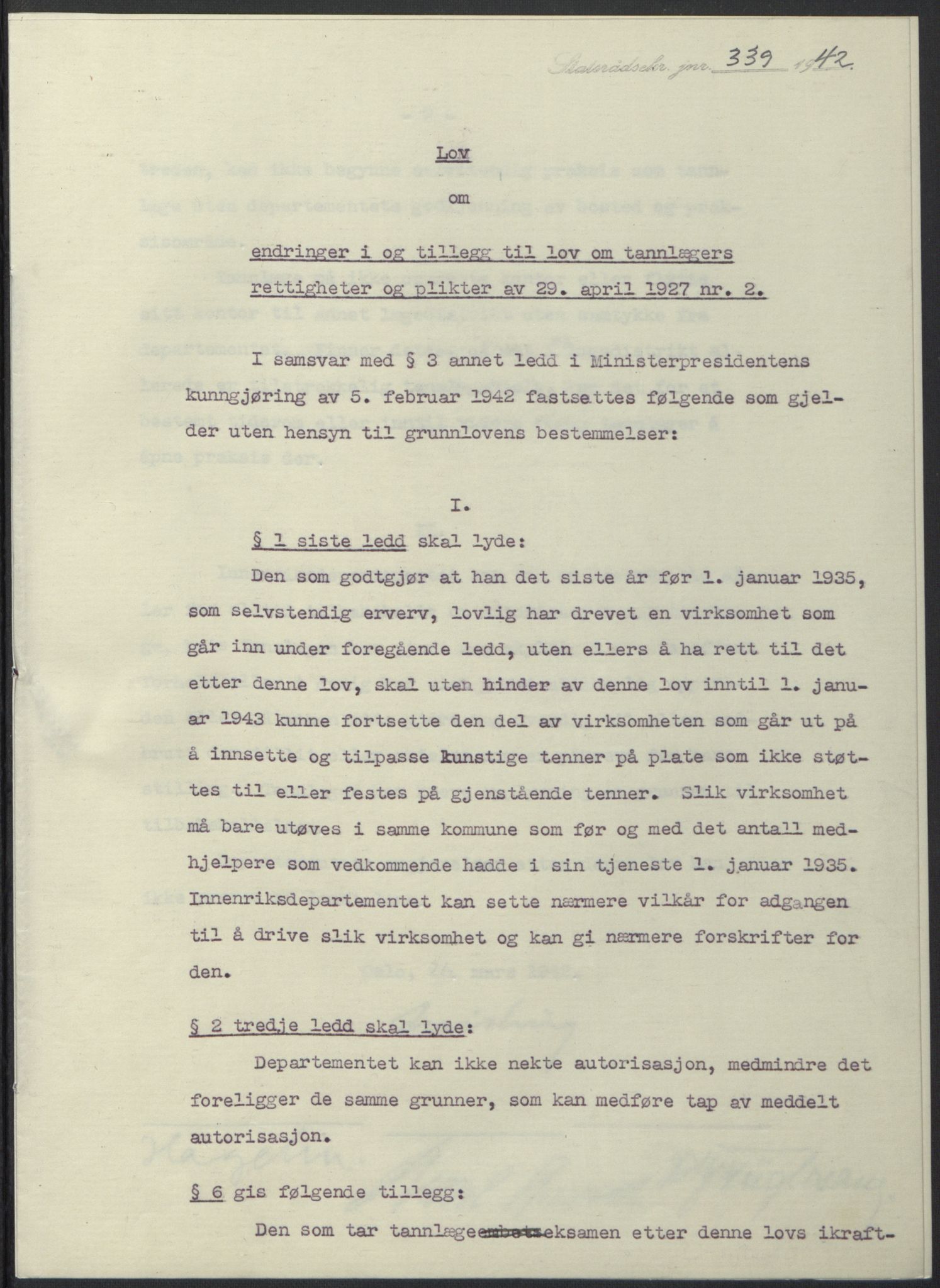 NS-administrasjonen 1940-1945 (Statsrådsekretariatet, de kommisariske statsråder mm), RA/S-4279/D/Db/L0097: Lover I, 1942, p. 213