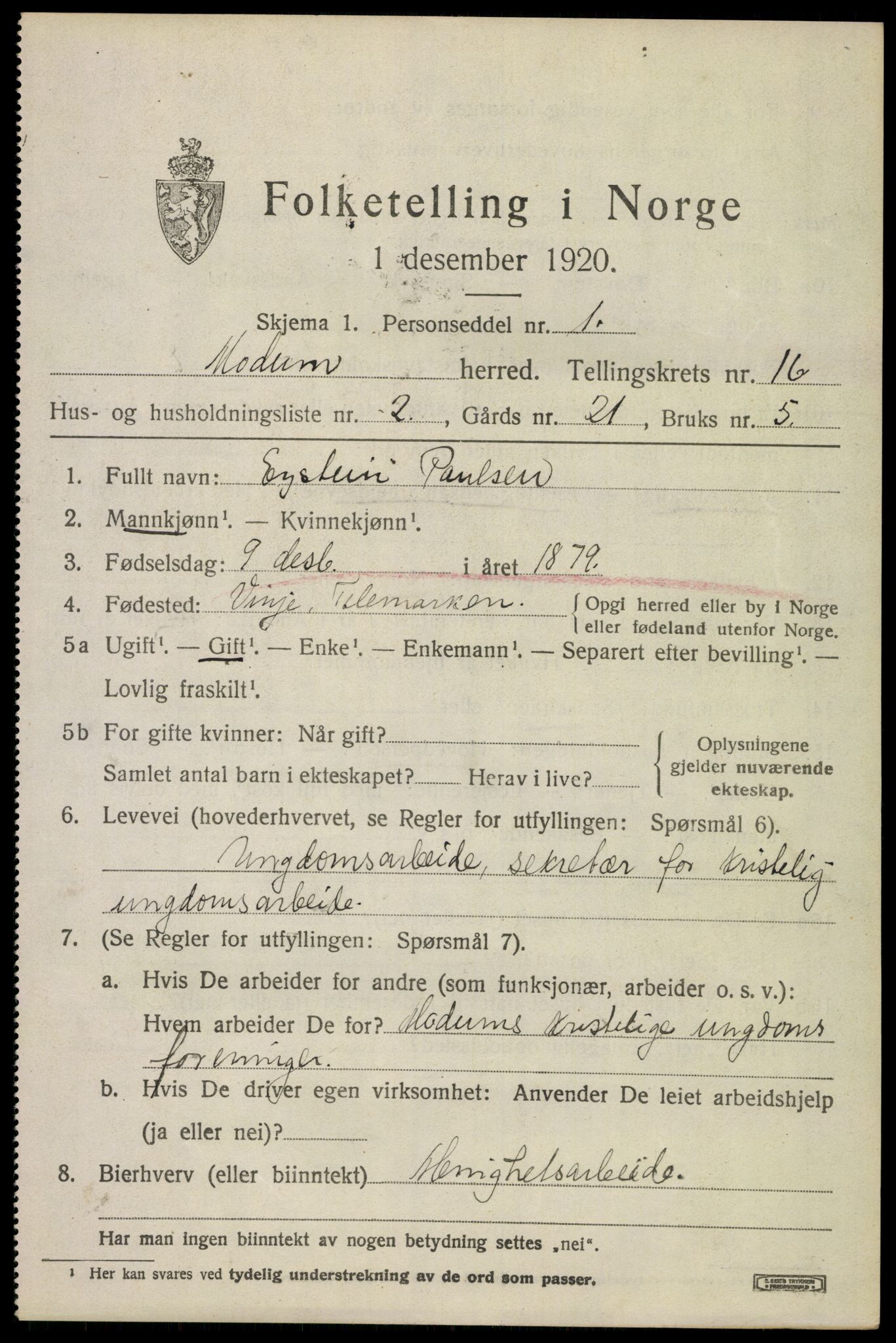 SAKO, 1920 census for Modum, 1920, p. 19427