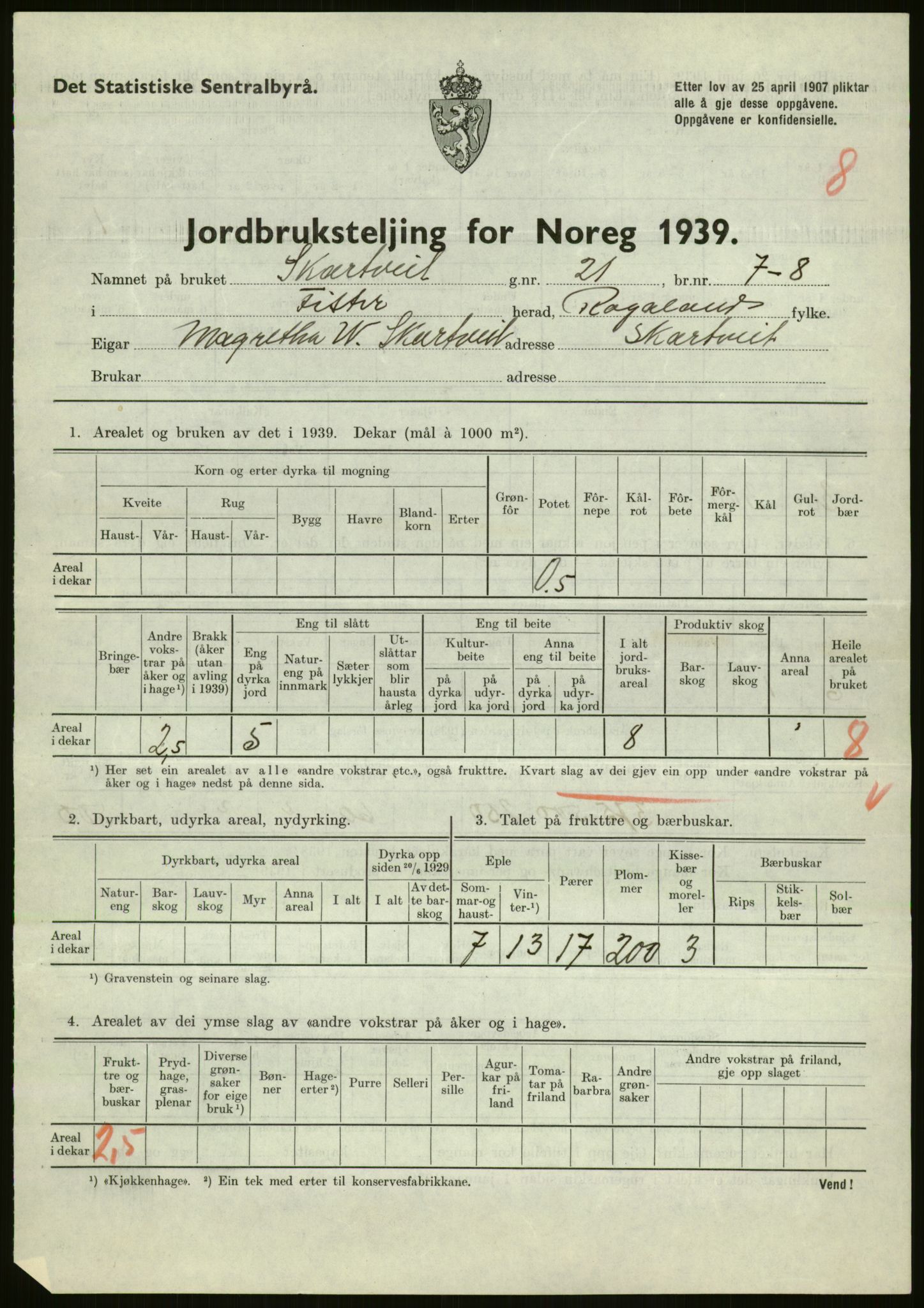 Statistisk sentralbyrå, Næringsøkonomiske emner, Jordbruk, skogbruk, jakt, fiske og fangst, AV/RA-S-2234/G/Gb/L0184: Rogaland: Årdal, Fister og Hjelmeland, 1939, p. 127