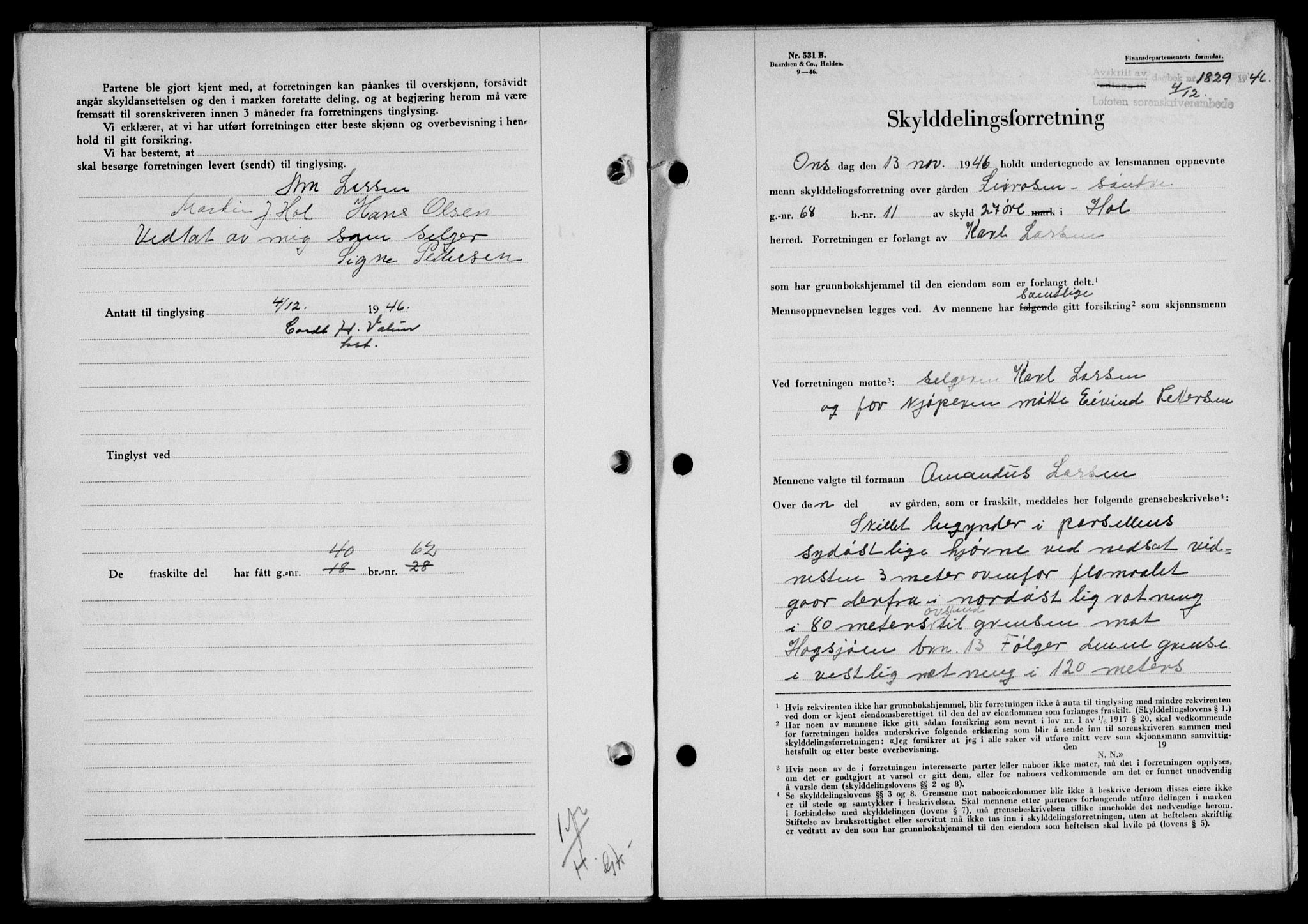 Lofoten sorenskriveri, SAT/A-0017/1/2/2C/L0015a: Mortgage book no. 15a, 1946-1947, Diary no: : 1829/1946