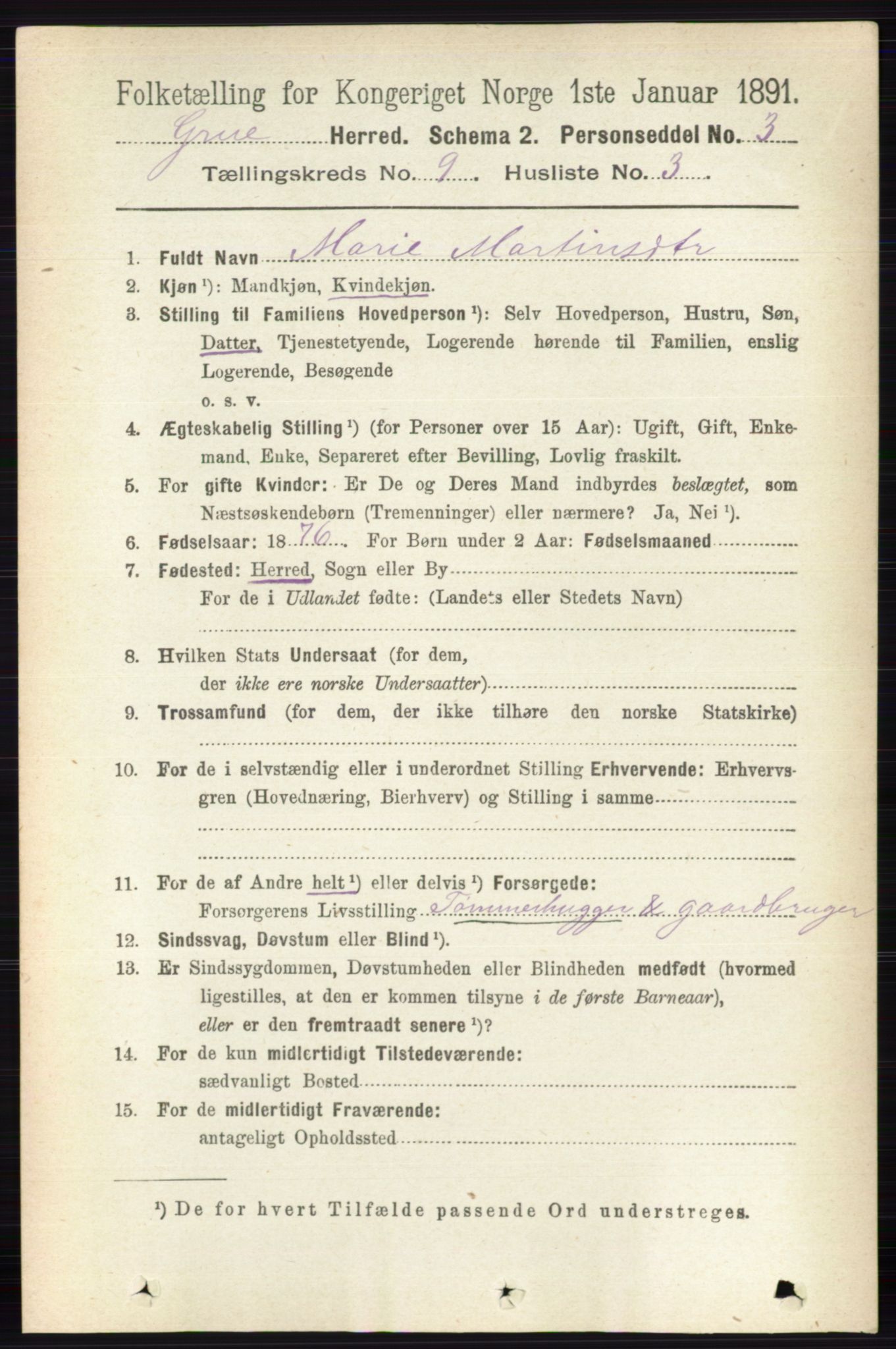 RA, 1891 census for 0423 Grue, 1891, p. 4895