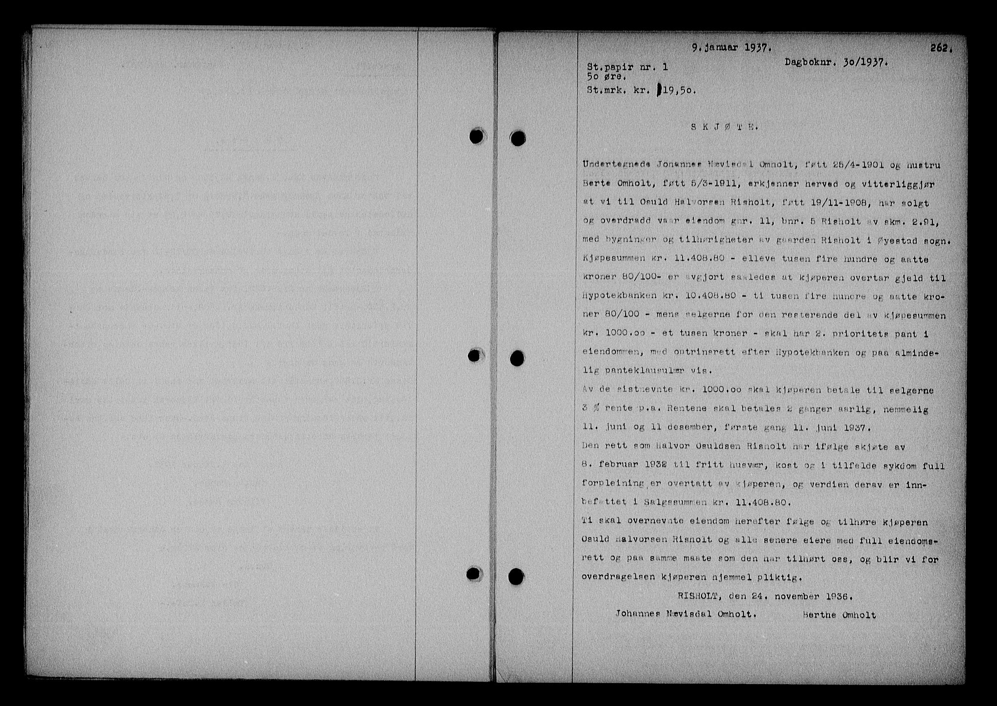 Nedenes sorenskriveri, SAK/1221-0006/G/Gb/Gba/L0043: Mortgage book no. 39, 1936-1937, Diary no: : 30/1937