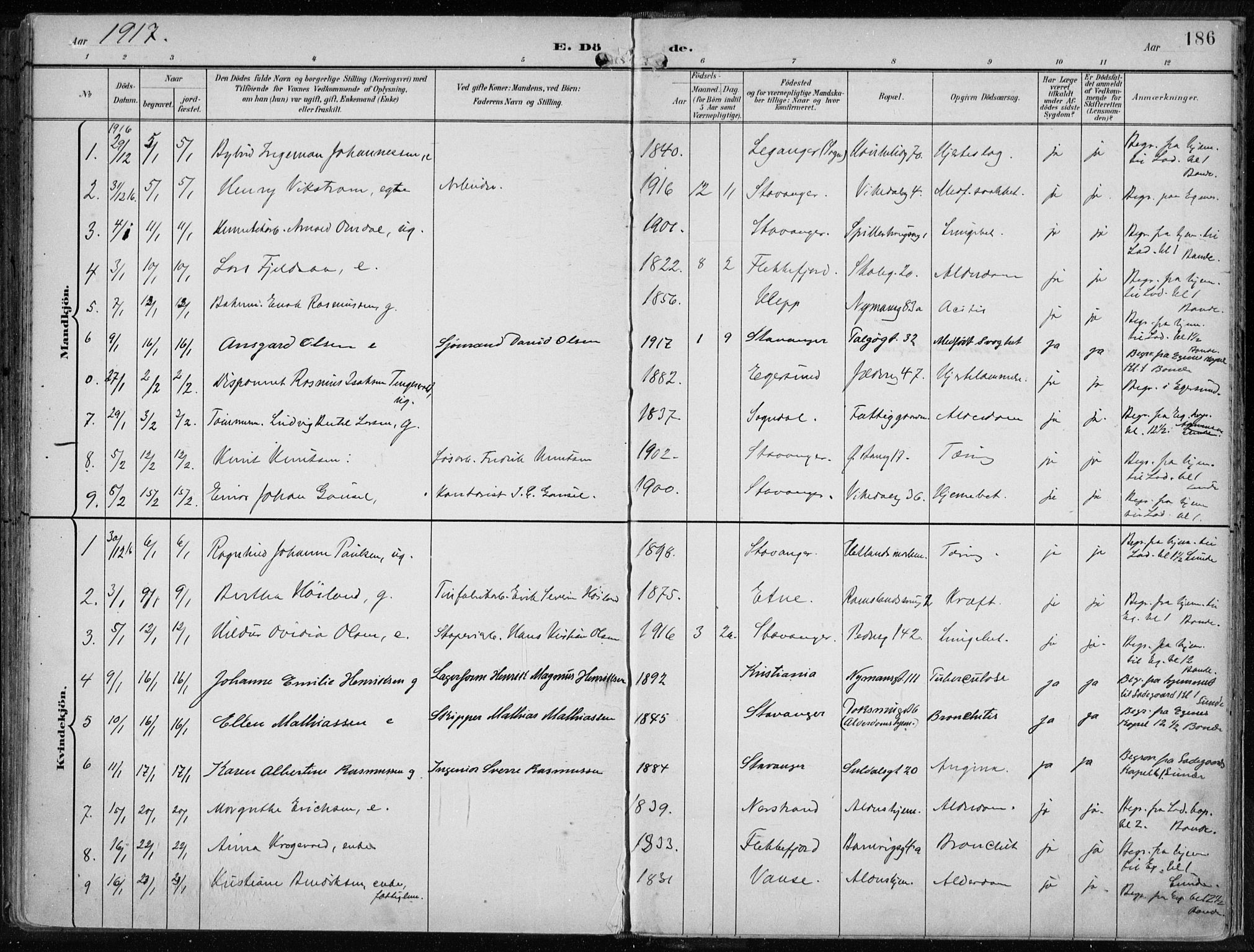 St. Johannes sokneprestkontor, SAST/A-101814/001/30/30BA/L0005: Parish register (official) no. A 5, 1898-1919, p. 186