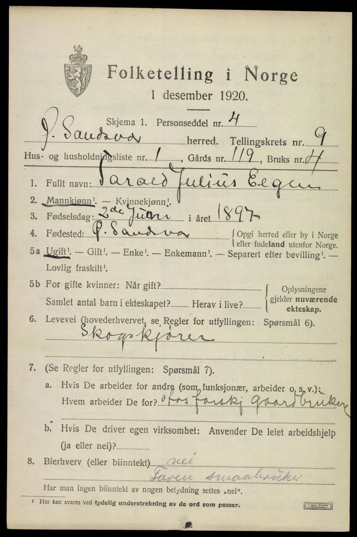 SAKO, 1920 census for Øvre Sandsvær, 1920, p. 4696