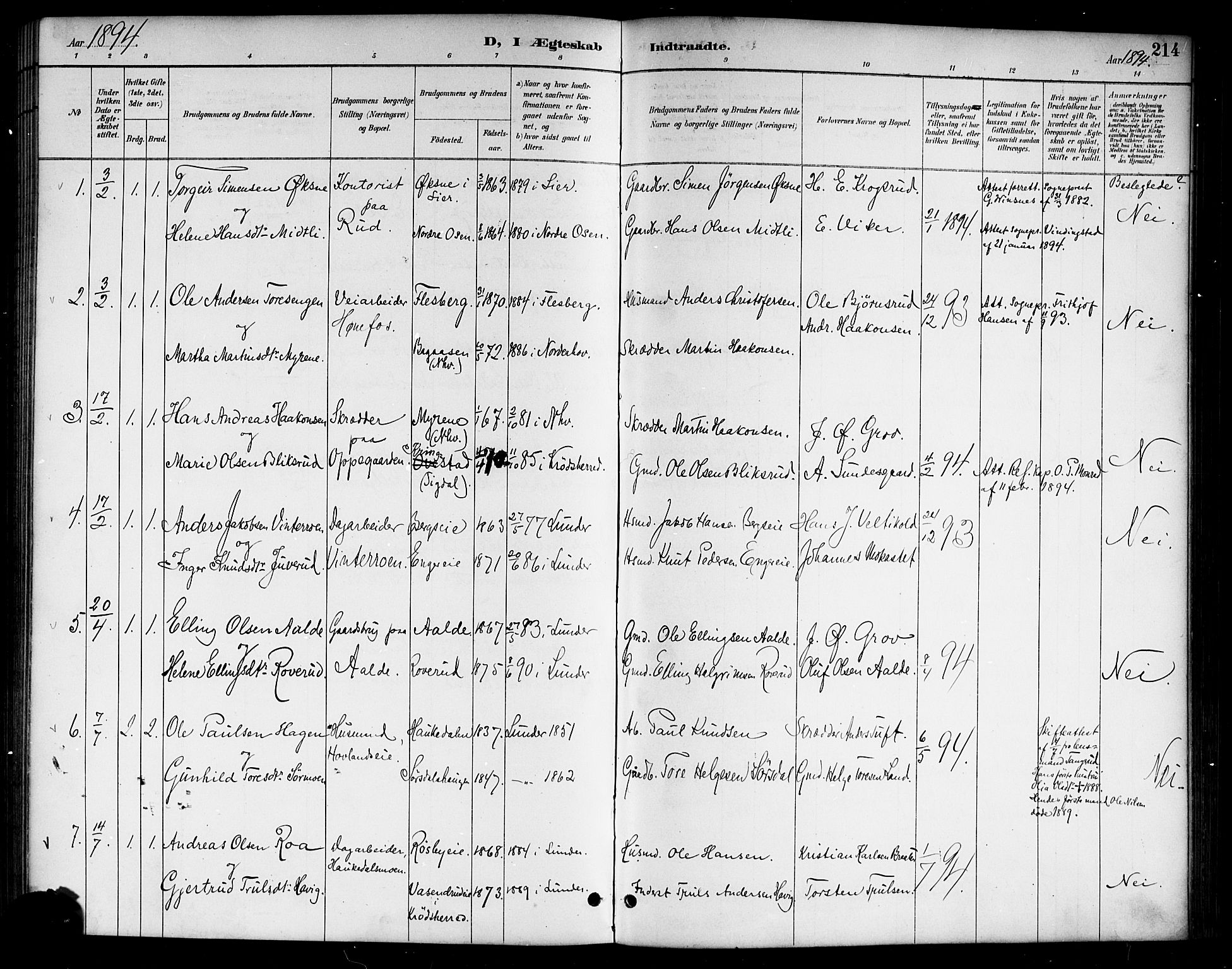 Lunder kirkebøker, AV/SAKO-A-629/G/Ga/L0004: Parish register (copy) no. I 4, 1889-1917, p. 214