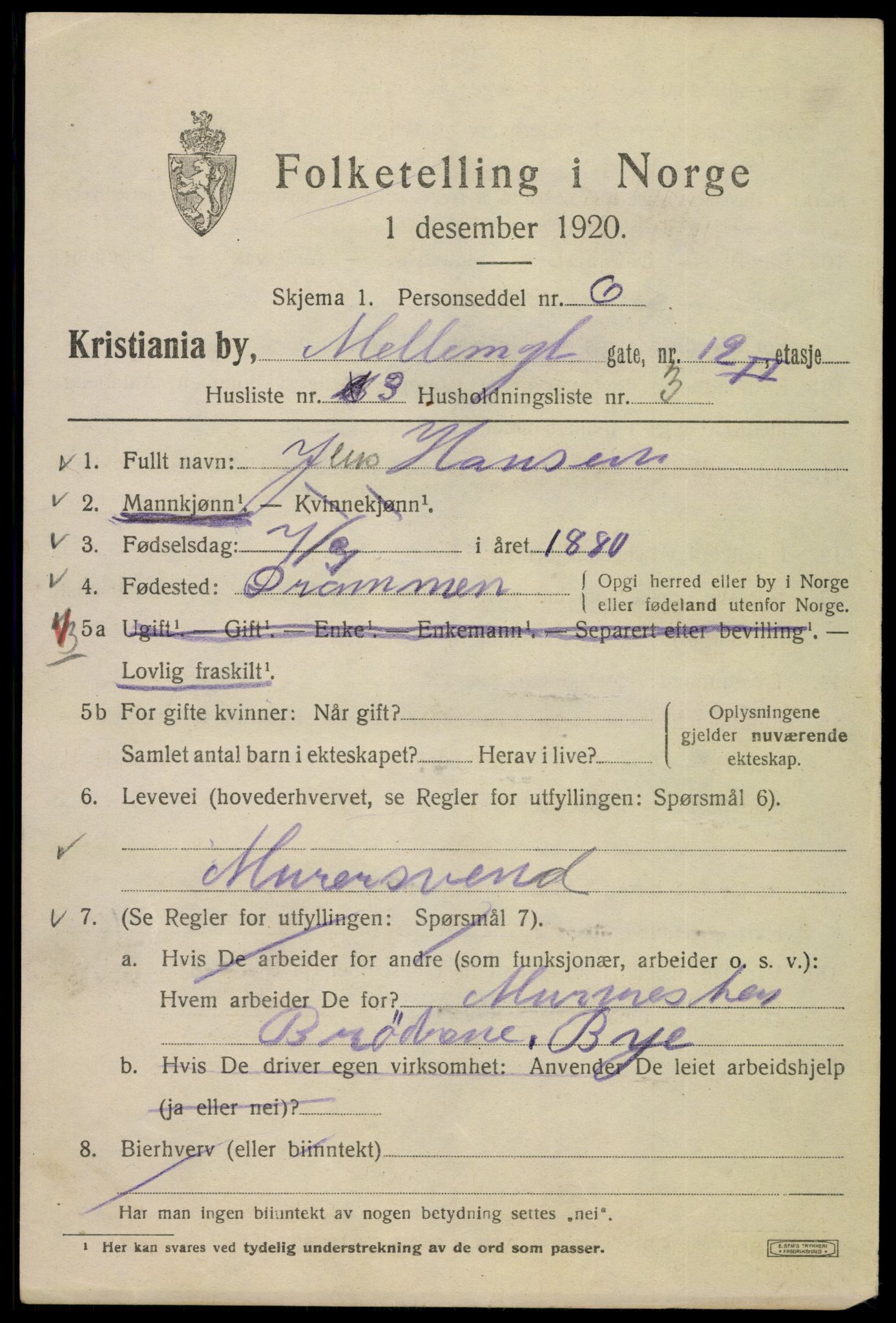 SAO, 1920 census for Kristiania, 1920, p. 394411