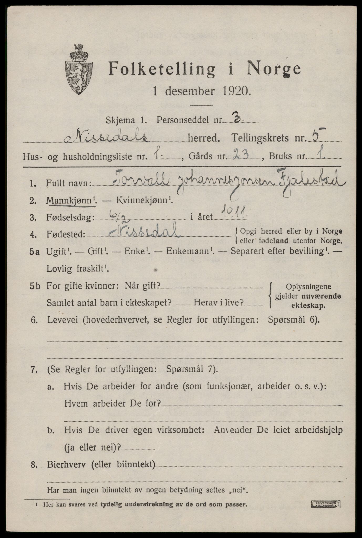 SAKO, 1920 census for Nissedal, 1920, p. 2035