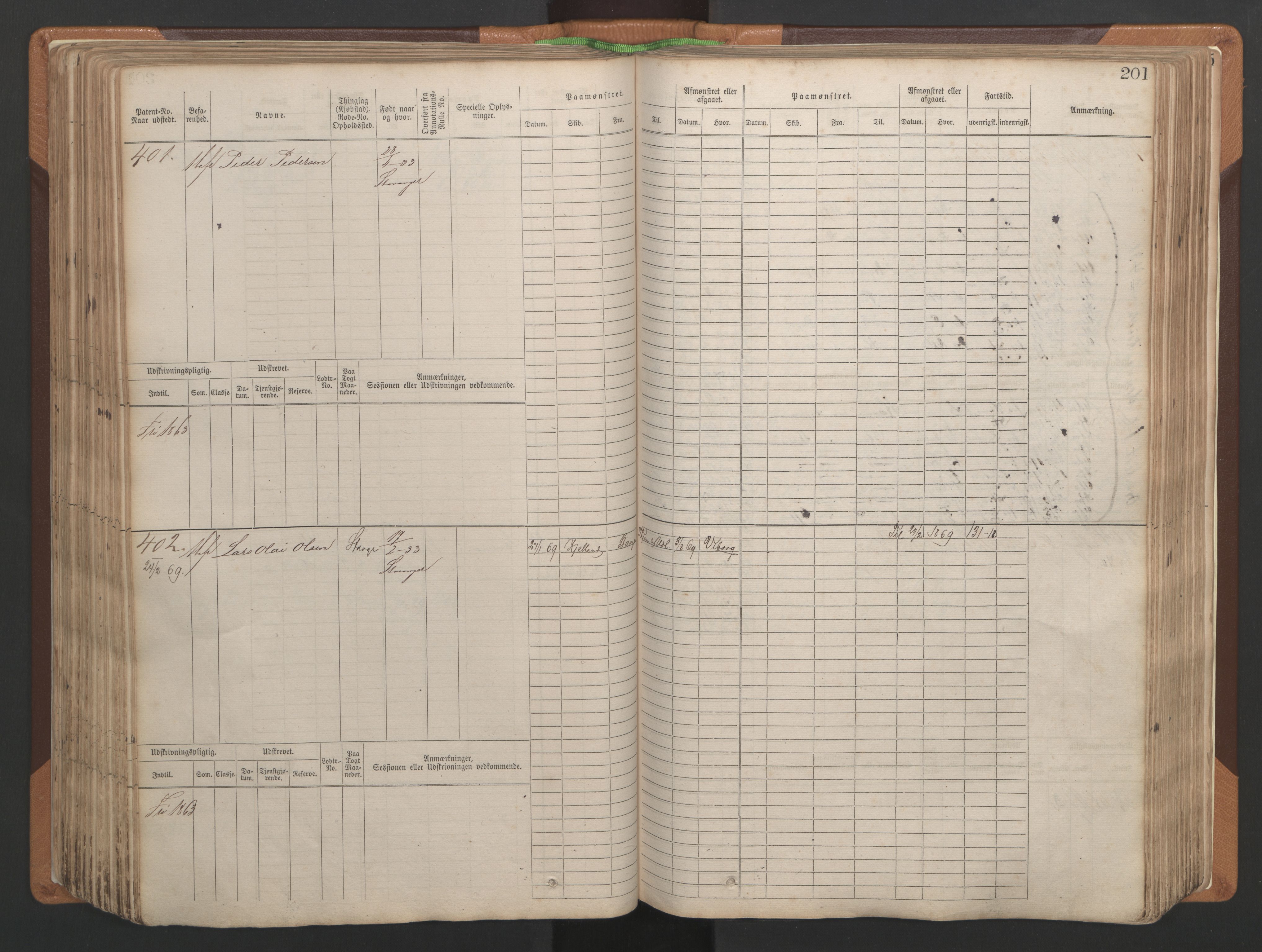 Stavanger sjømannskontor, SAST/A-102006/F/Fb/Fbb/L0004: Sjøfartshovedrulle, patentnr. 1-792 (del 1), 1869-1880, p. 205