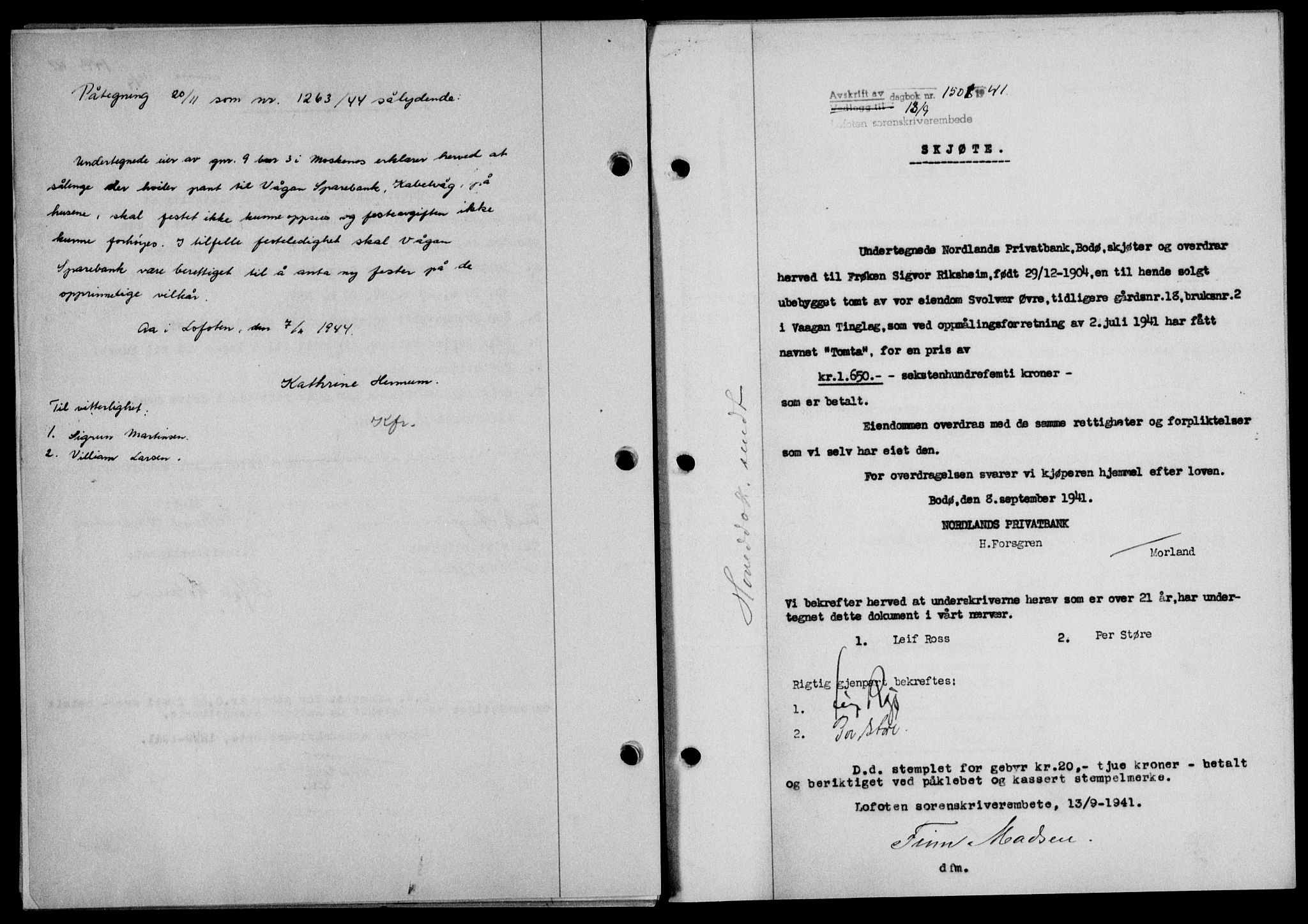 Lofoten sorenskriveri, SAT/A-0017/1/2/2C/L0008a: Mortgage book no. 8a, 1940-1941, Diary no: : 1501/1941