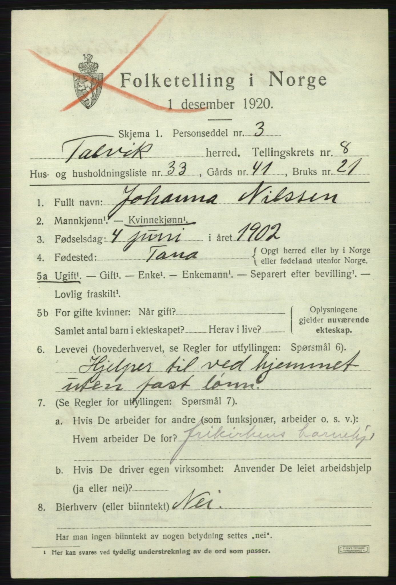 SATØ, 1920 census for Talvik, 1920, p. 5338