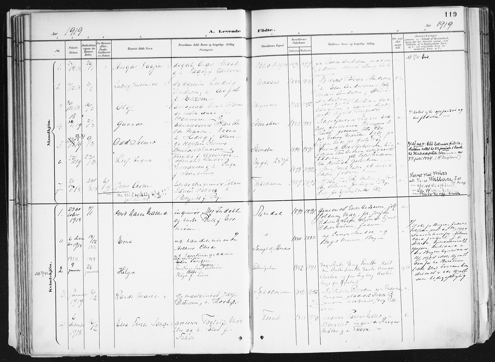 Arendal sokneprestkontor, Trefoldighet, SAK/1111-0040/F/Fa/L0010: Parish register (official) no. A 10, 1900-1919, p. 119