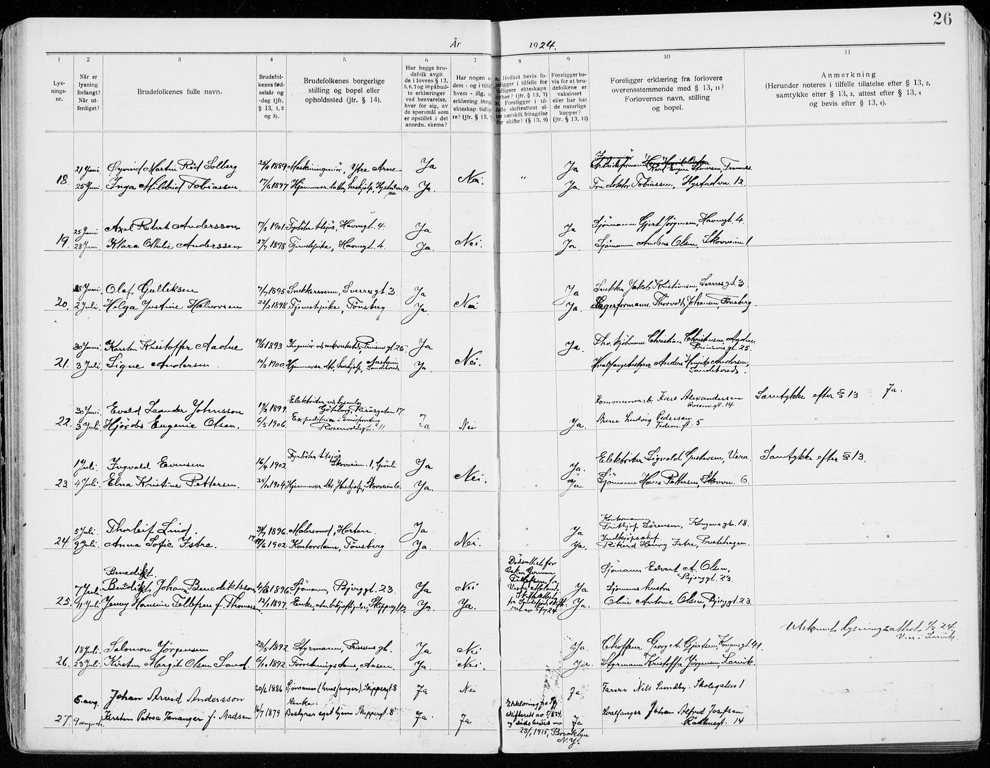 Sandefjord kirkebøker, AV/SAKO-A-315/H/Ha/L0001: Banns register no. 1, 1919-1939, p. 26
