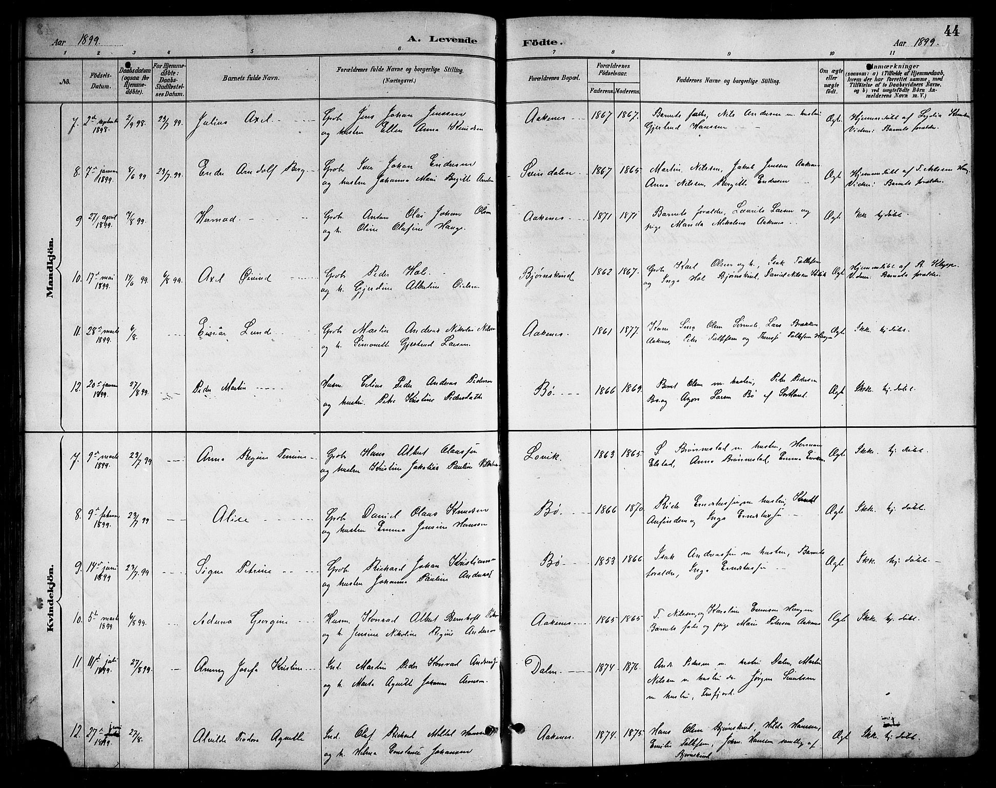 Ministerialprotokoller, klokkerbøker og fødselsregistre - Nordland, AV/SAT-A-1459/898/L1427: Parish register (copy) no. 898C02, 1887-1917, p. 44