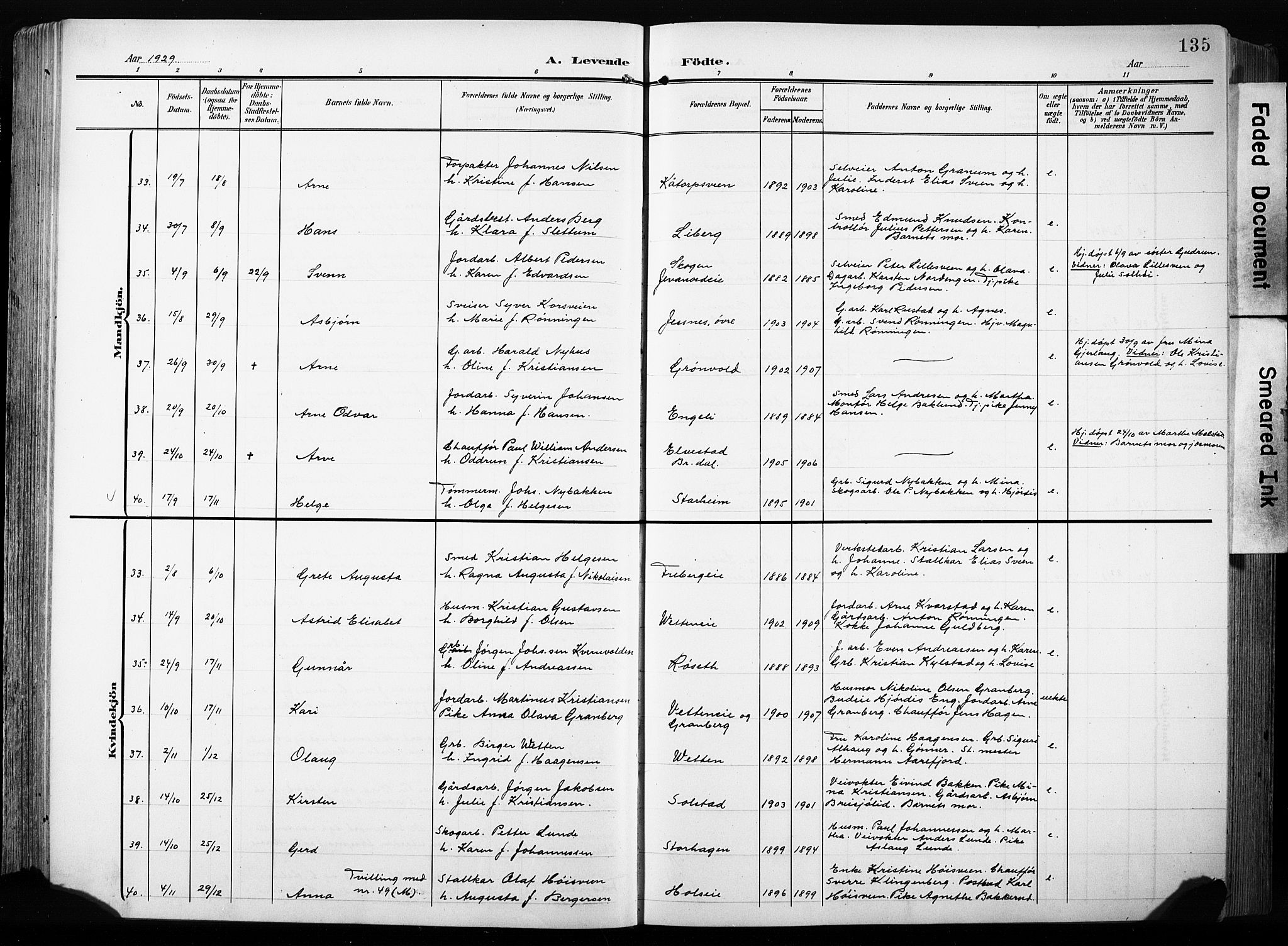 Furnes prestekontor, AV/SAH-PREST-012/L/La/L0001: Parish register (copy) no. 1, 1904-1933, p. 135