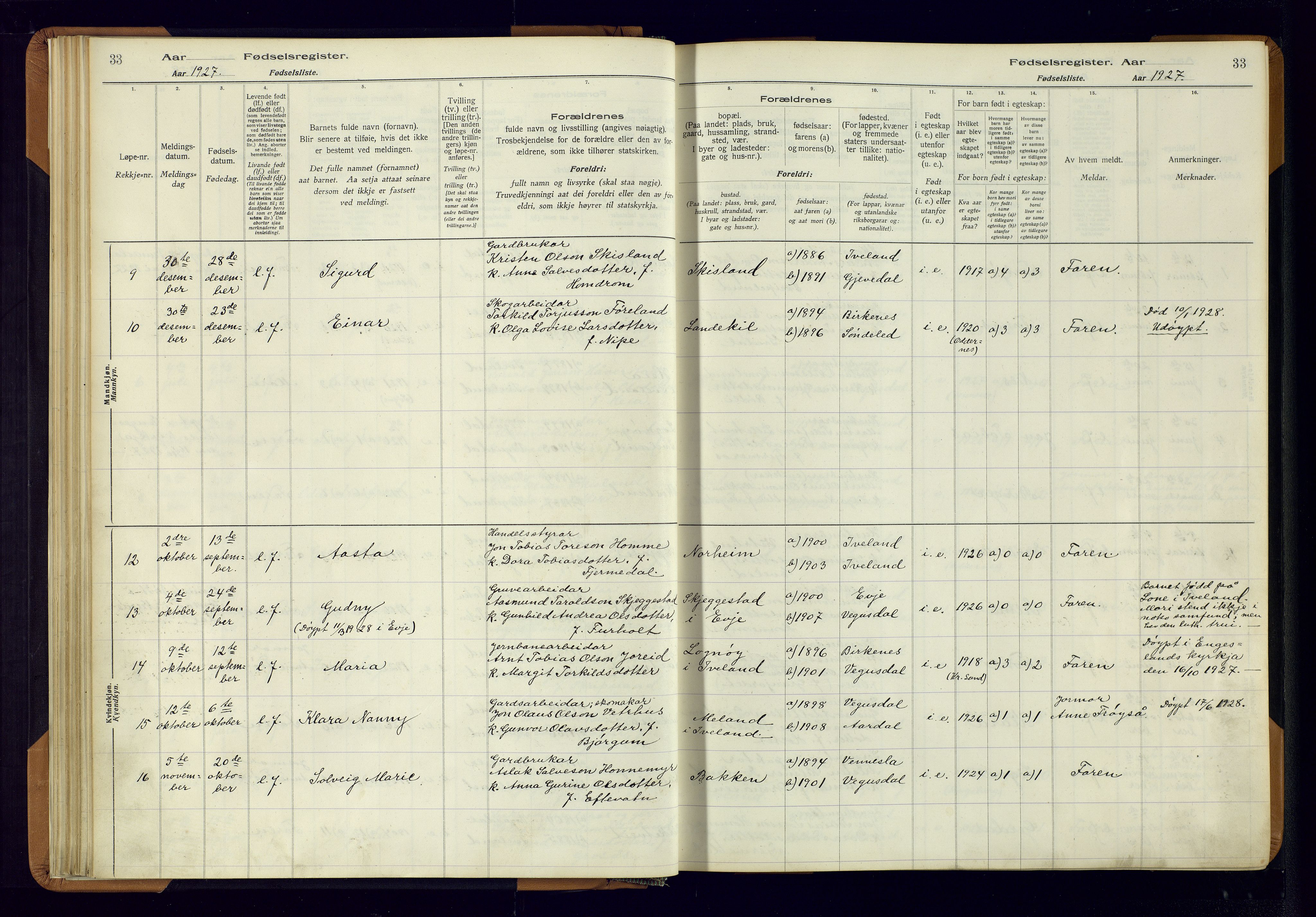 Evje sokneprestkontor, AV/SAK-1111-0008/J/Jc/L0003: Birth register no. II.4.3, 1916-1982, p. 33