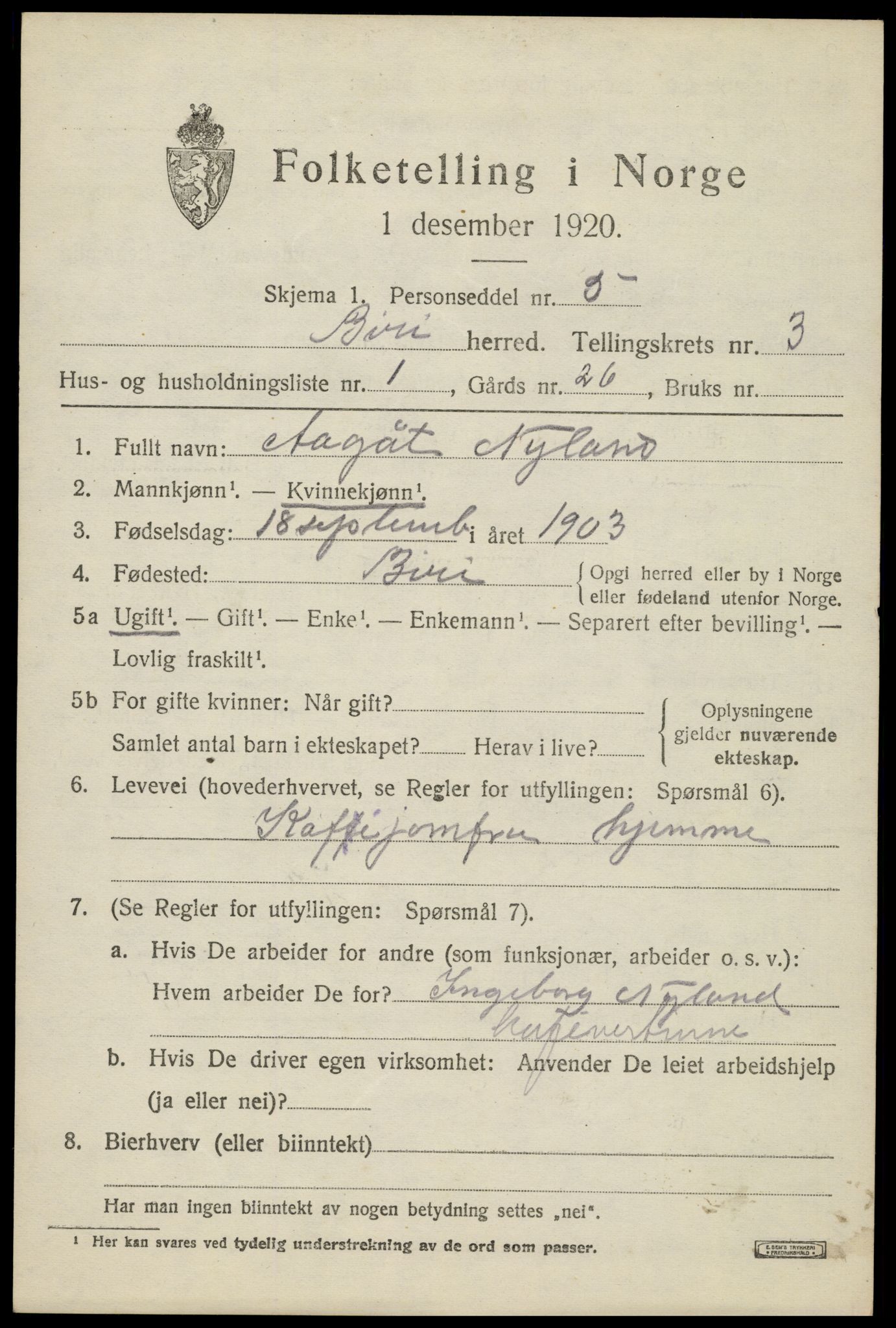 SAH, 1920 census for Biri, 1920, p. 2341